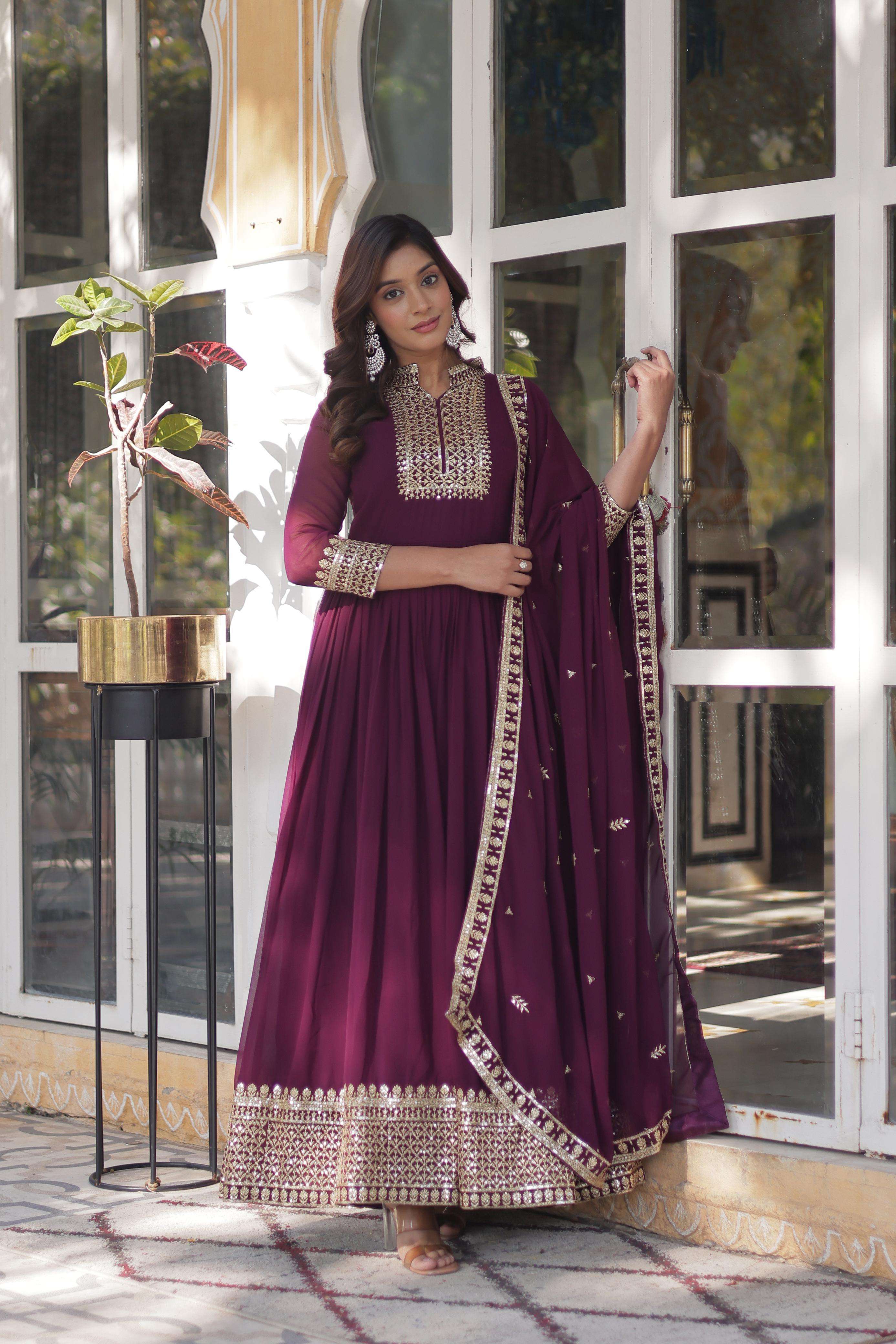 DESIGNER WEDDING PARTY WEAR HEAVY WINE BLOOMING GEORGETTE ANARKALI SALWAR SUIT GOWN LW 9210 A