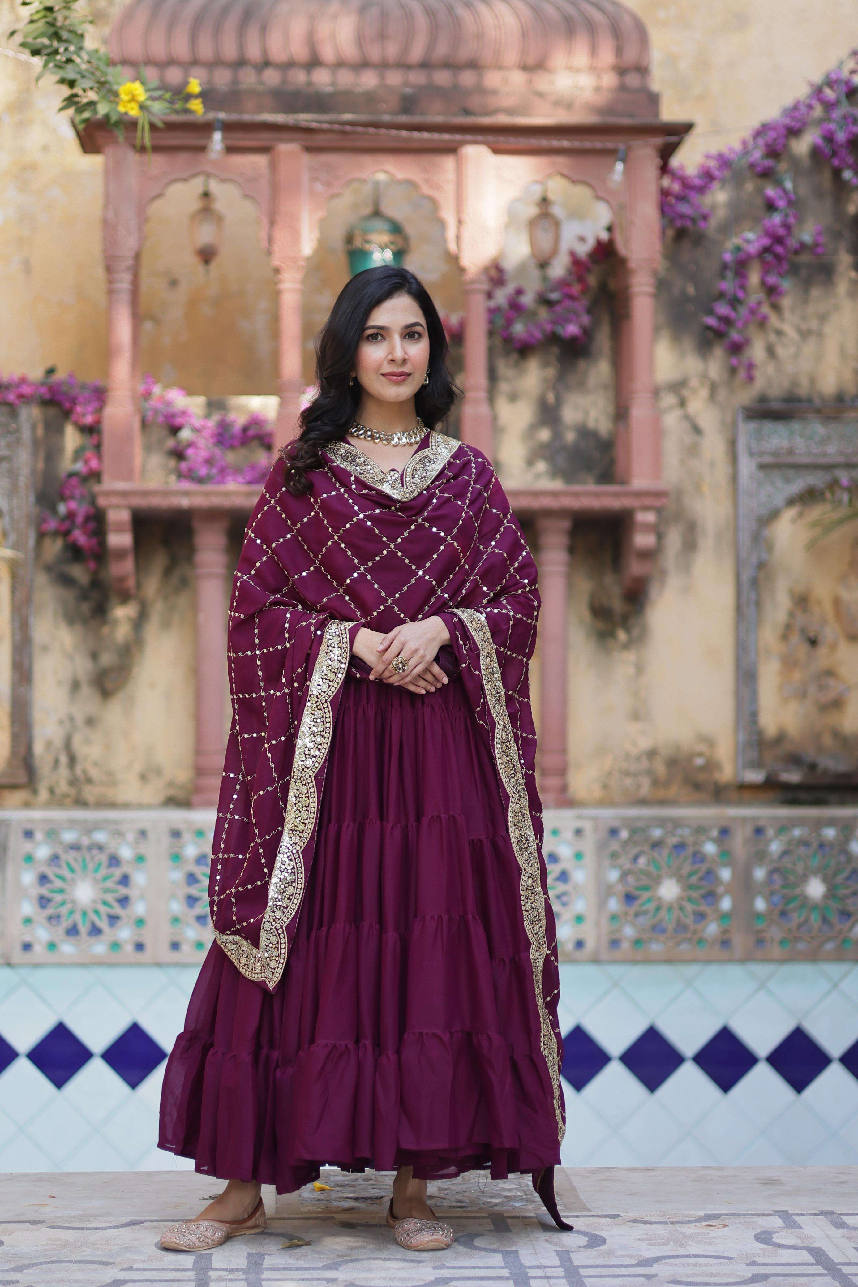 DESIGNER WEDDING PARTY WEAR HEAVY WINE GEORGETTE ANARKALI SALWAR SUIT GOWN LW 9212 D