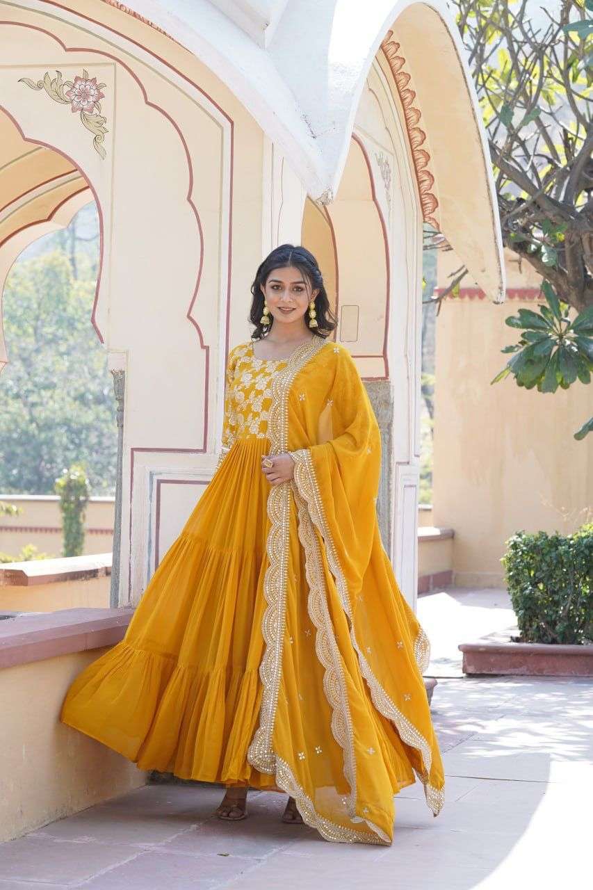 DESIGNER WEDDING PARTY WEAR HEAVY YELLOW BLOOMING GEORGETTE ANARKALI SALWAR SUIT GOWN LW 9155 D