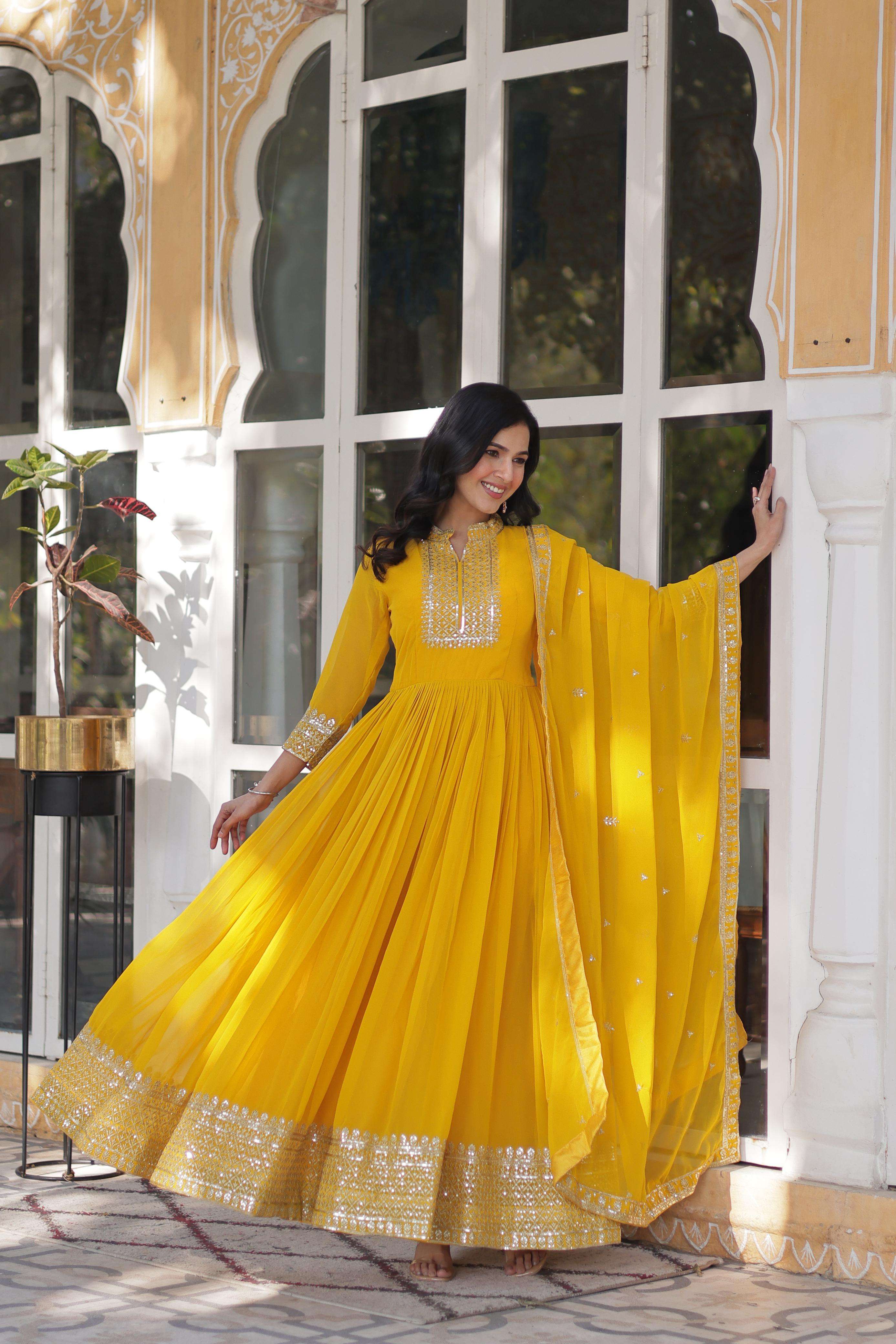 DESIGNER WEDDING PARTY WEAR HEAVY YELLOW BLOOMING GEORGETTE ANARKALI SALWAR SUIT GOWN LW 9210 B