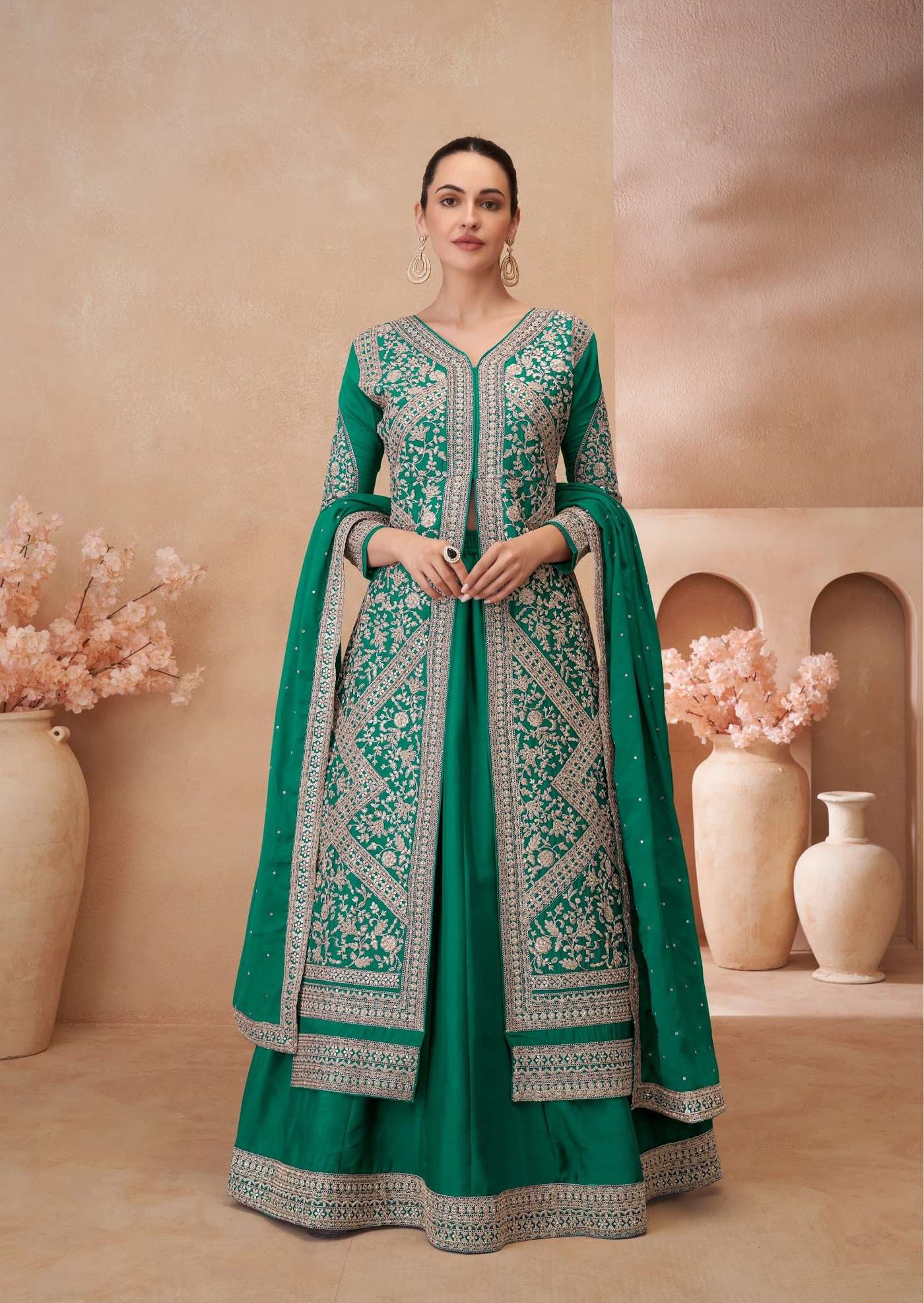 DESIGNER WEDDING PARTY WEAR REAL CHINON GREEN KOTI LEHENGA SKIRT STYLE LEHENGA KOTI SALWAR SUIT DST NOOR 2114