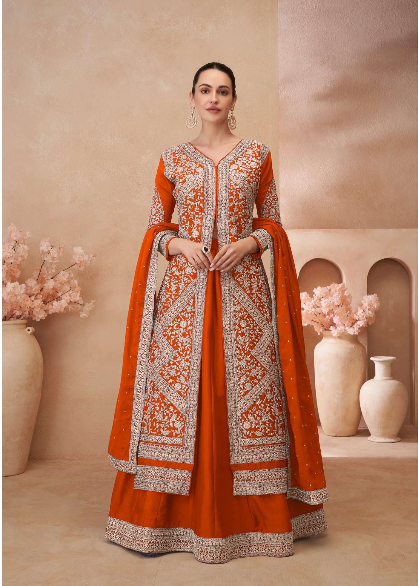 DESIGNER WEDDING PARTY WEAR REAL CHINON ORANGE KOTI LEHENGA SKIRT STYLE LEHENGA KOTI SALWAR SUIT DST NOOR 2112