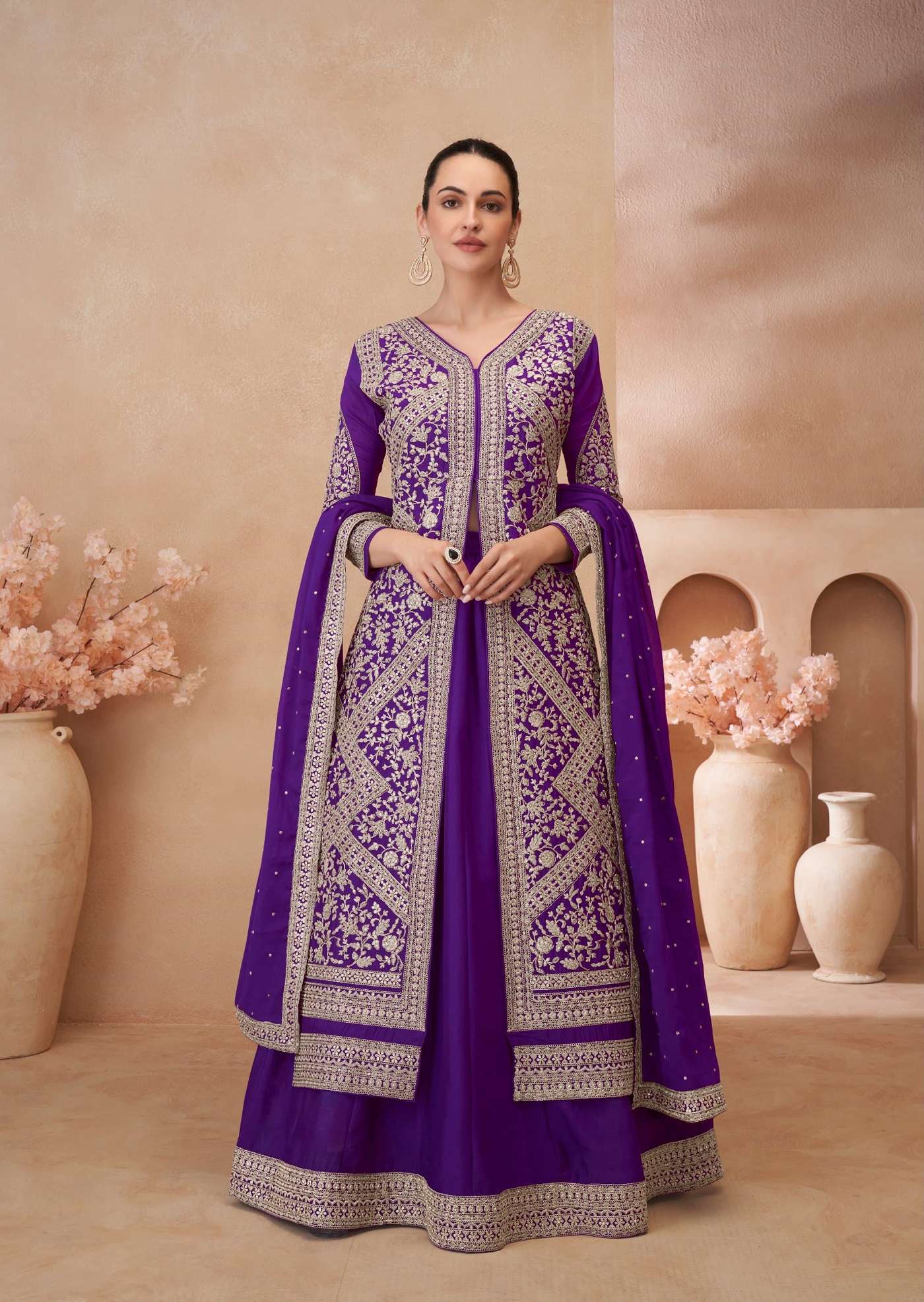 DESIGNER WEDDING PARTY WEAR REAL CHINON PURPLE KOTI LEHENGA SKIRT STYLE LEHENGA KOTI SALWAR SUIT DST NOOR 2111