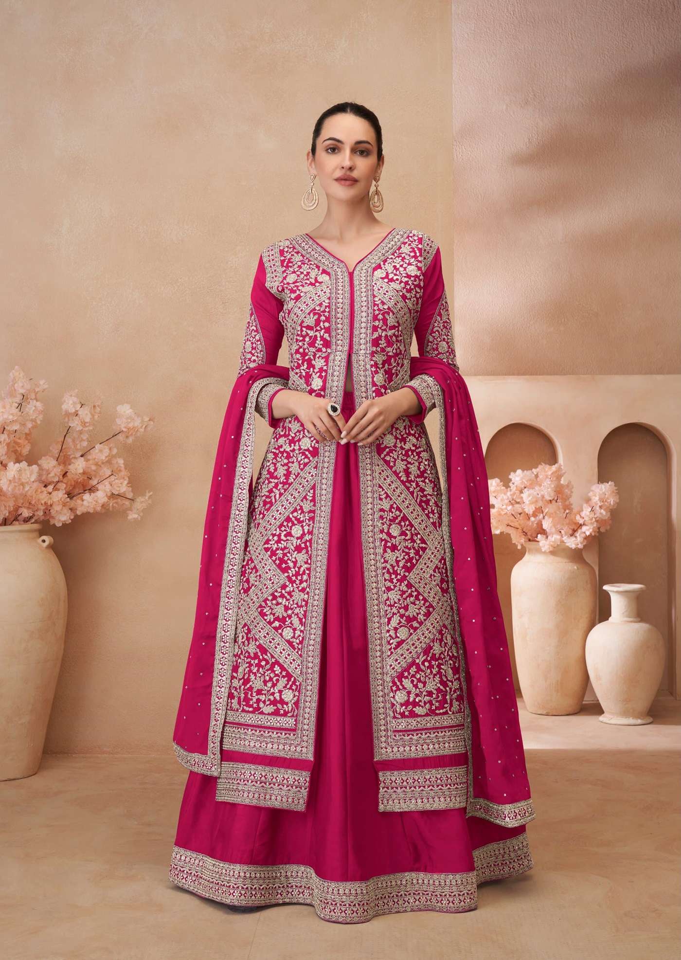 DESIGNER WEDDING PARTY WEAR REAL CHINON RANI PINK KOTI LEHENGA SKIRT STYLE LEHENGA KOTI SALWAR SUIT DST NOOR 211