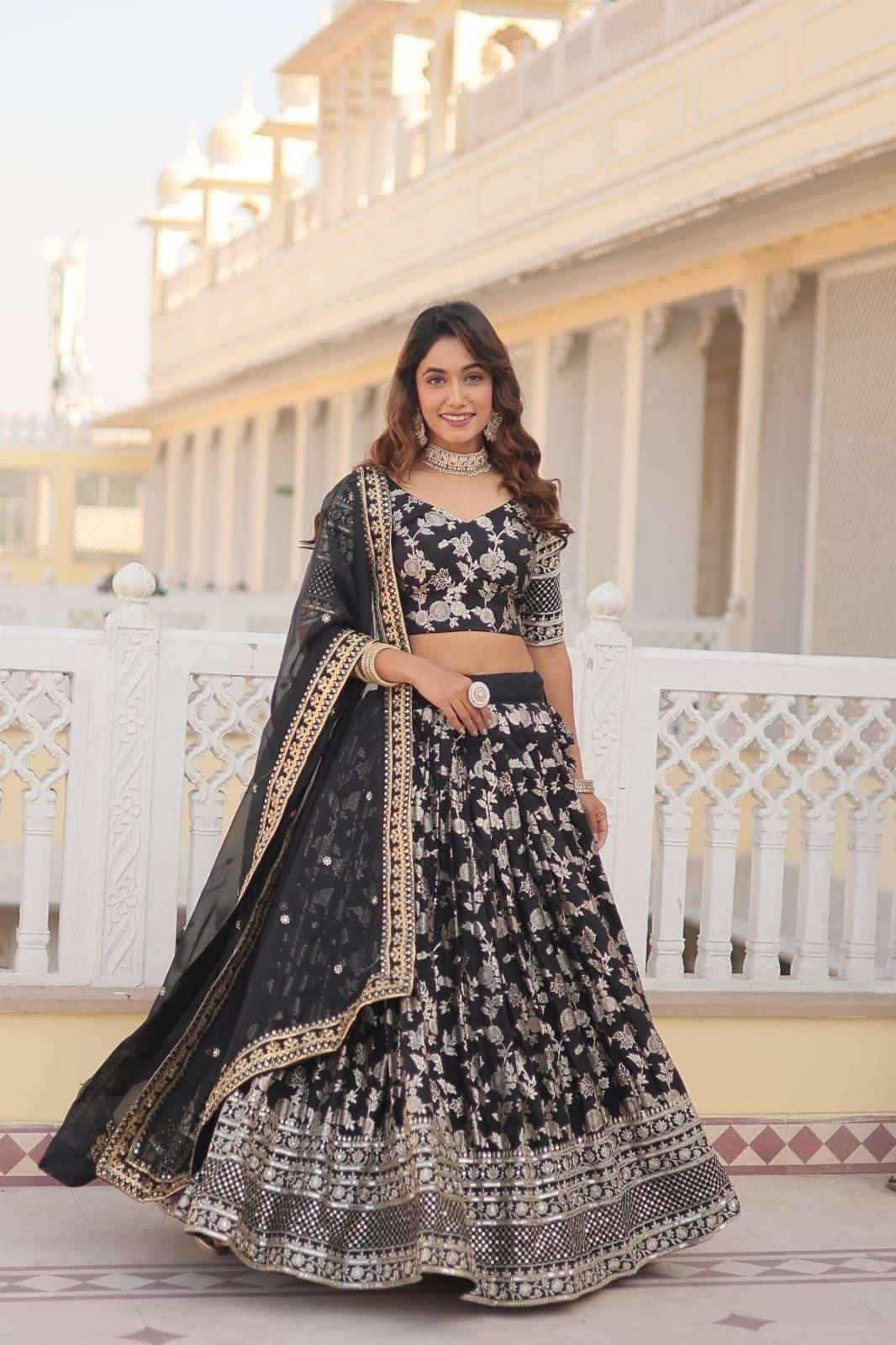 INDIAN DESIGNER BOLLYWOOD WEDDING PARTY WEAR BLACK JAQUARD SILK LEHENGA CHOLI AT WHOLESALE RATE LW 7080 A