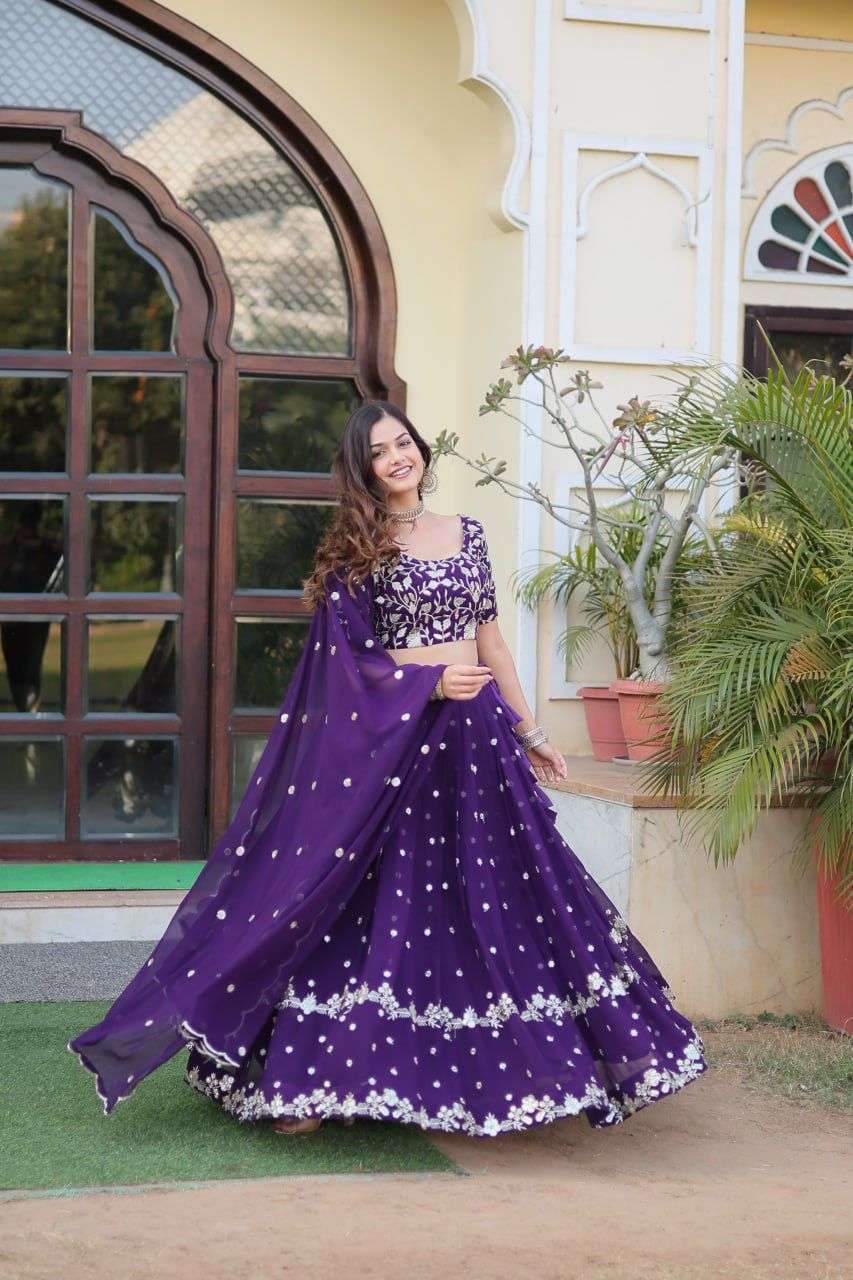 INDIAN DESIGNER BOLLYWOOD WEDDING PARTY WEAR FAUX BLOOMING GEIRGETTE PURPLE LEHENGA CHOLI LW 7086