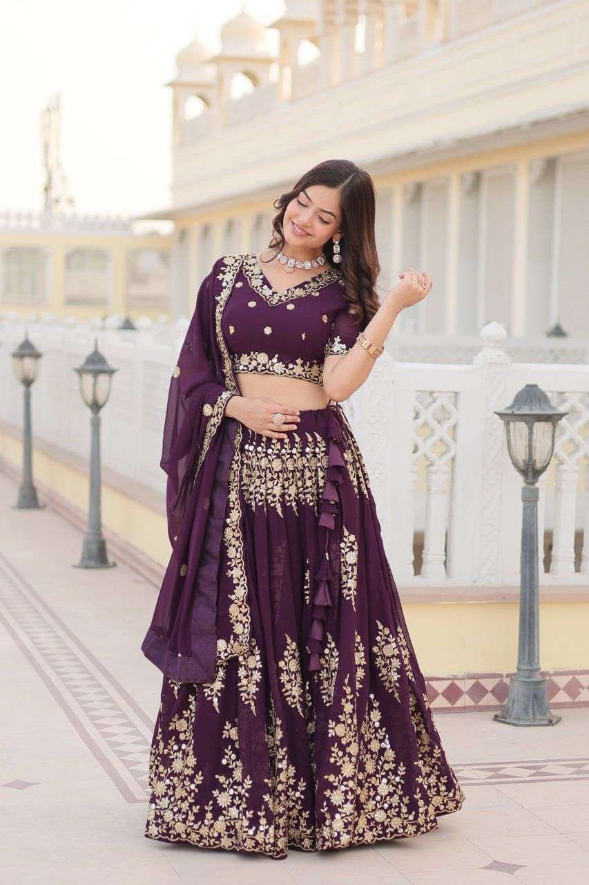 INDIAN DESIGNER BOLLYWOOD WEDDING PARTY WEAR FAUX BLOOMING GEORGETTE WINE LEHENGA CHOLI LW 7102