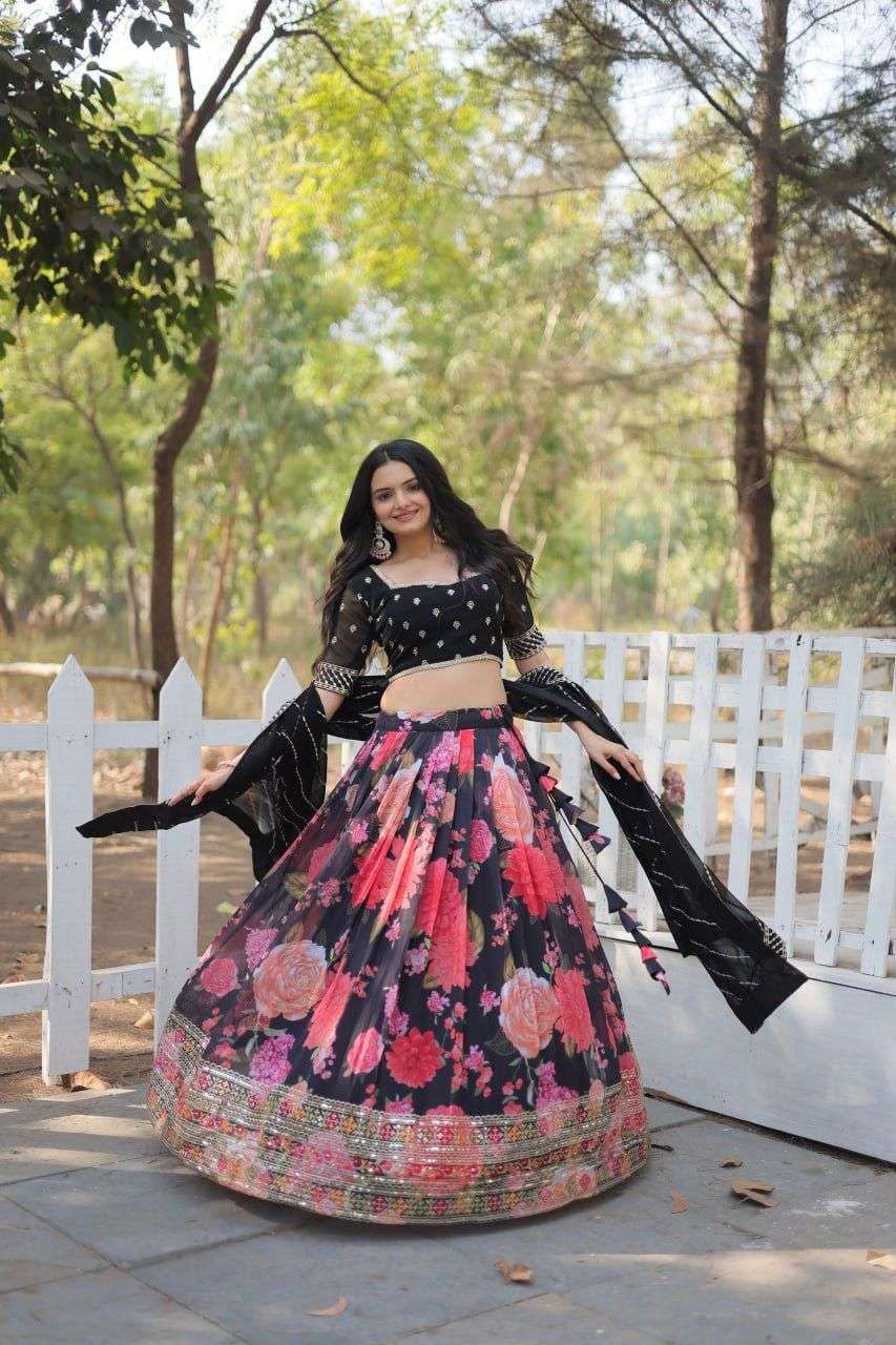 INDIAN DESIGNER BOLLYWOOD WEDDING PARTY WEAR FAUX BLOOMING GEORGETTE BLACK PRINTED LEHENGA CHOLI LW 7110