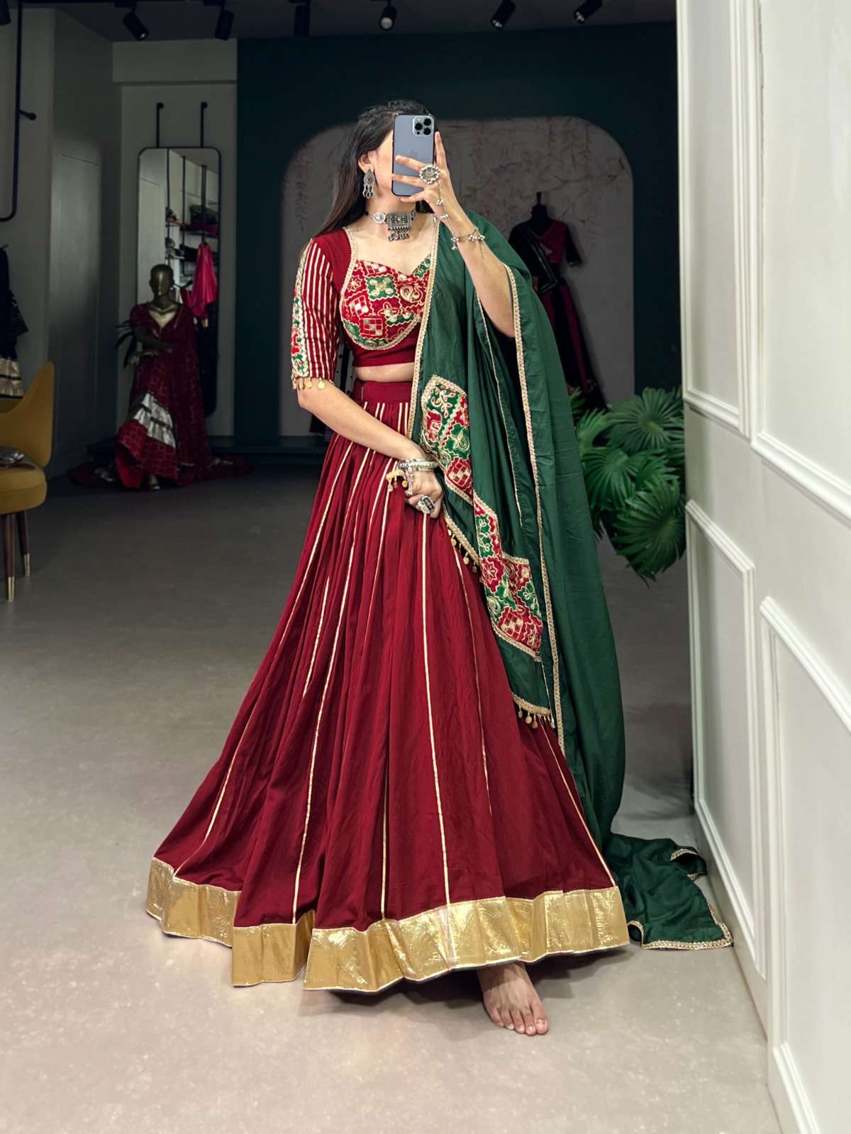 INDIAN DESIGNER BOLLYWOOD WEDDING PARTY WEAR MAROON CHANDERI SILK LEHENGA CHOLI PC 1735 A