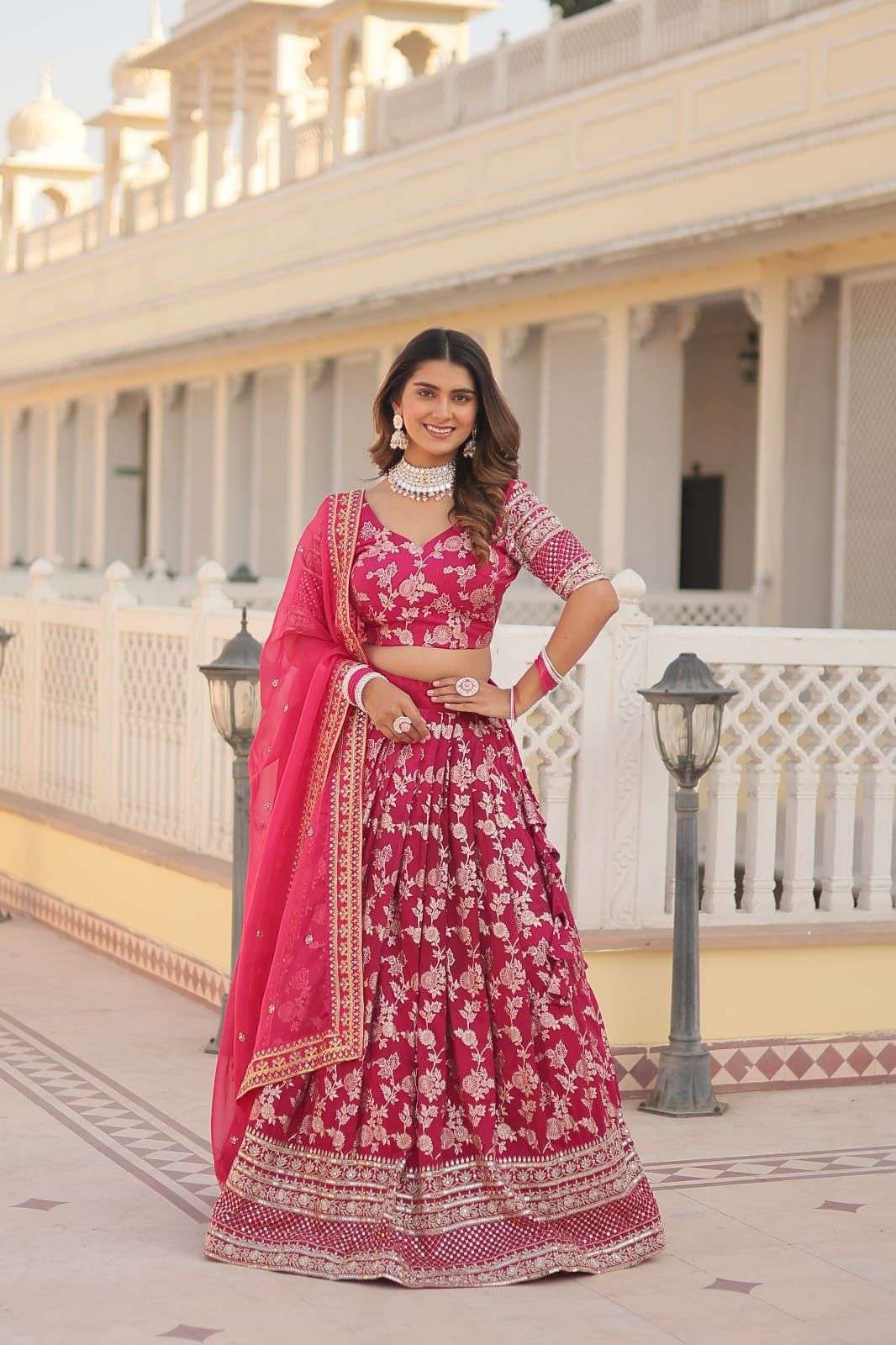 INDIAN DESIGNER BOLLYWOOD WEDDING PARTY WEAR PINK JAQUARD SILK LEHENGA CHOLI AT WHOLESALE RATE LW 7080 C