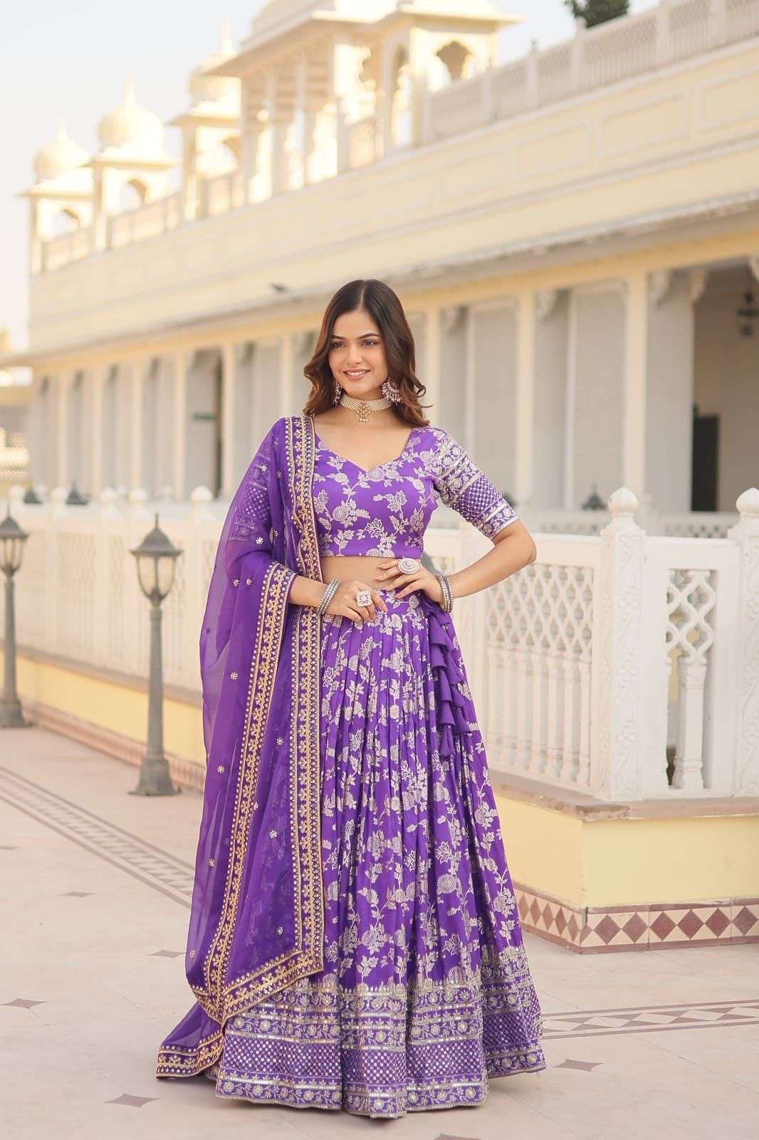 INDIAN DESIGNER BOLLYWOOD WEDDING PARTY WEAR PURPLE JAQUARD SILK LEHENGA CHOLI AT WHOLESALE RATE LW 7080 B