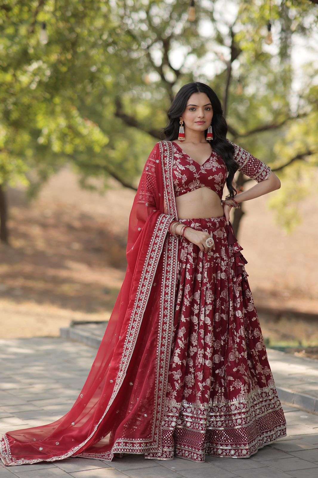 INDIAN DESIGNER BOLLYWOOD WEDDING PARTY WEAR RED JAQUARD SILK LEHENGA CHOLI AT WHOLESALE RATE LW 7080 D