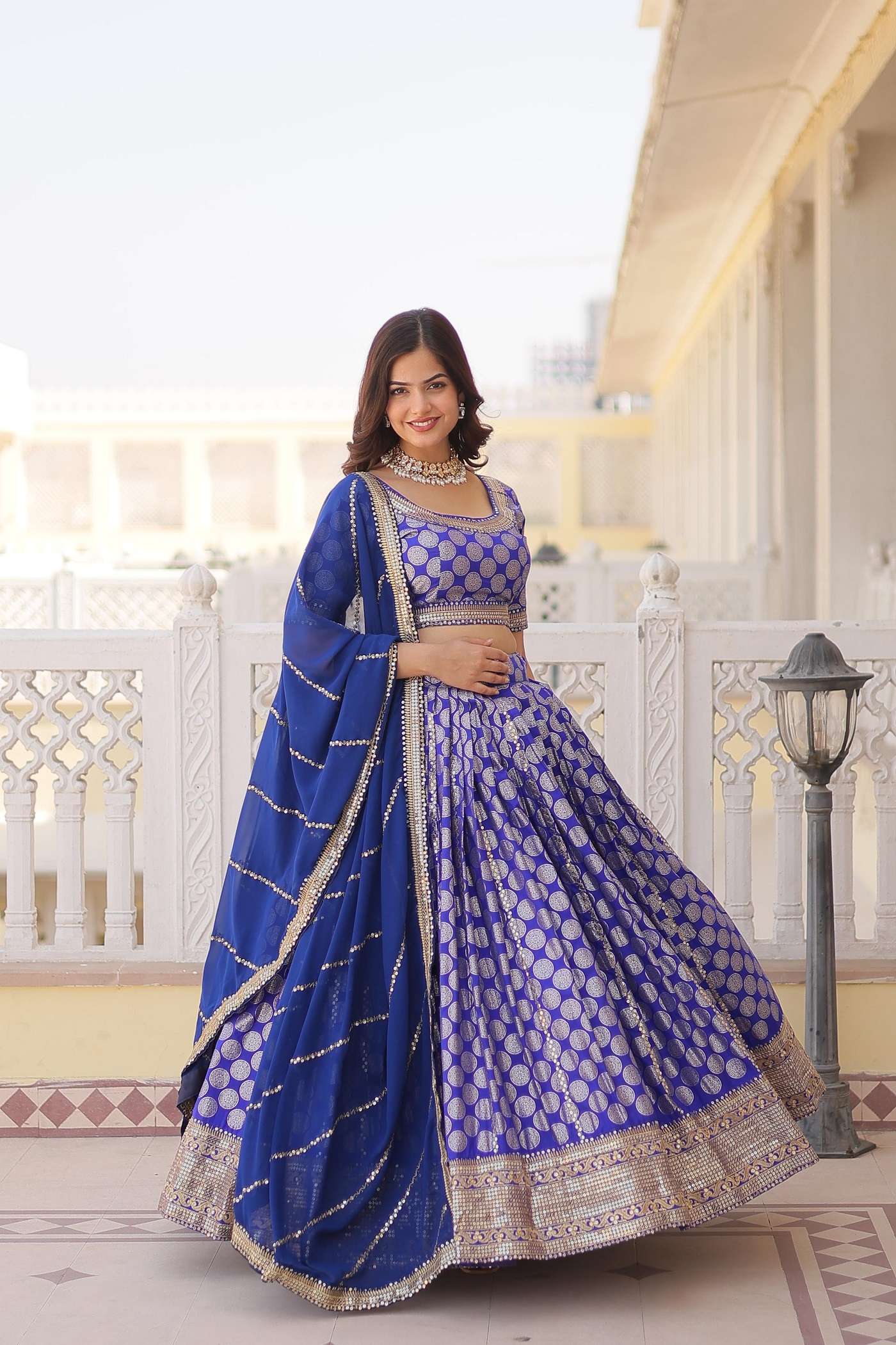 INDIAN DESIGNER BOLLYWOOD WEDDING PARTY WEAR VISCOSE JAQUARD BLUE LEHENGA CHOLI LW 7100 A