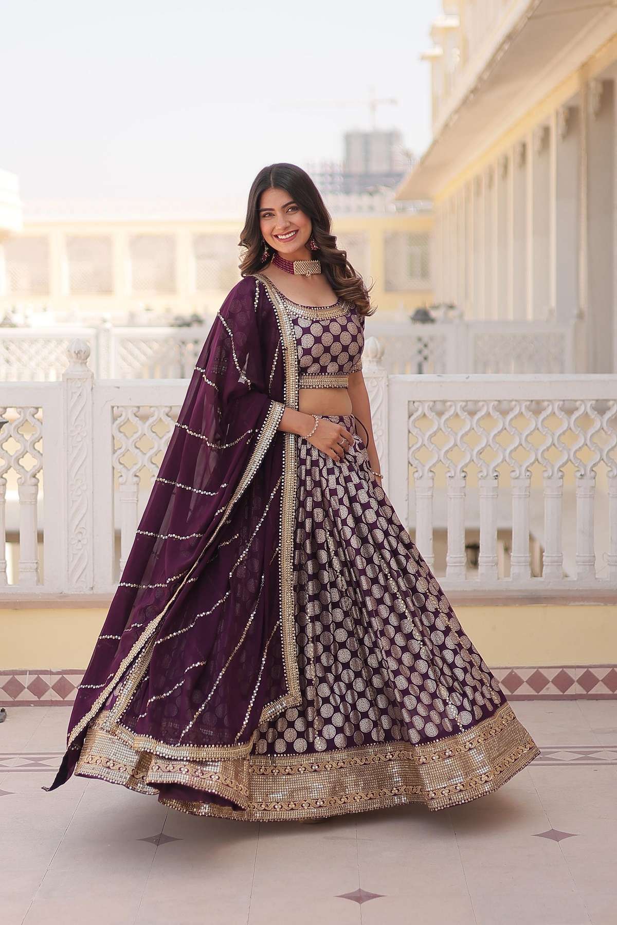 INDIAN DESIGNER BOLLYWOOD WEDDING PARTY WEAR VISCOSE JAQUARD WINE LEHENGA CHOLI LW 7100 C