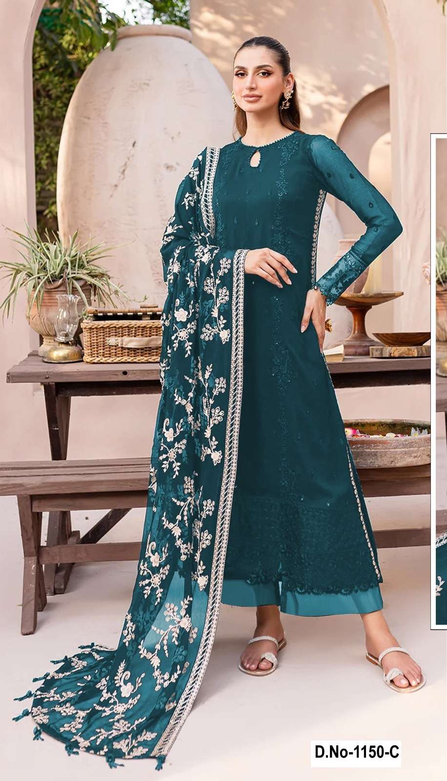 INDIAN DESIGNER FANCY WEDDING PARTY WEAR FAUX GEORGETTE TEAL GREEN PAKISTANI STRAIGHT SALWAR SUIT SHF 1150C