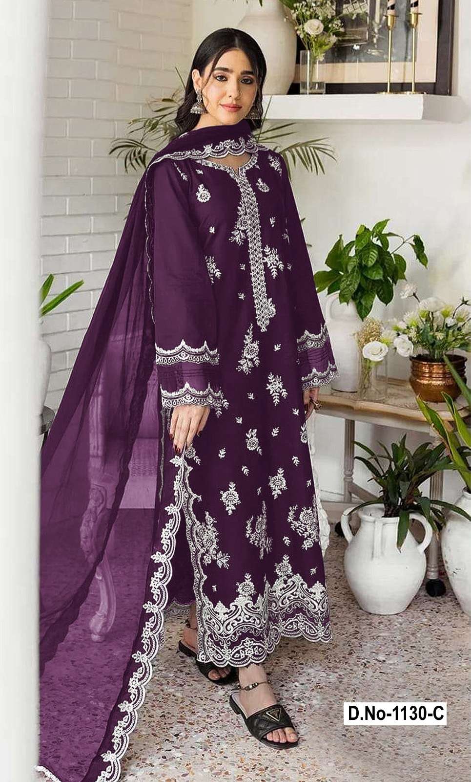 INDIAN DESIGNER FANCY WEDDING PARTY WEAR FAUX GEORGETTE PURPLE PAKISTANI STRAIGHT SALWAR SUIT SHF 1130 C