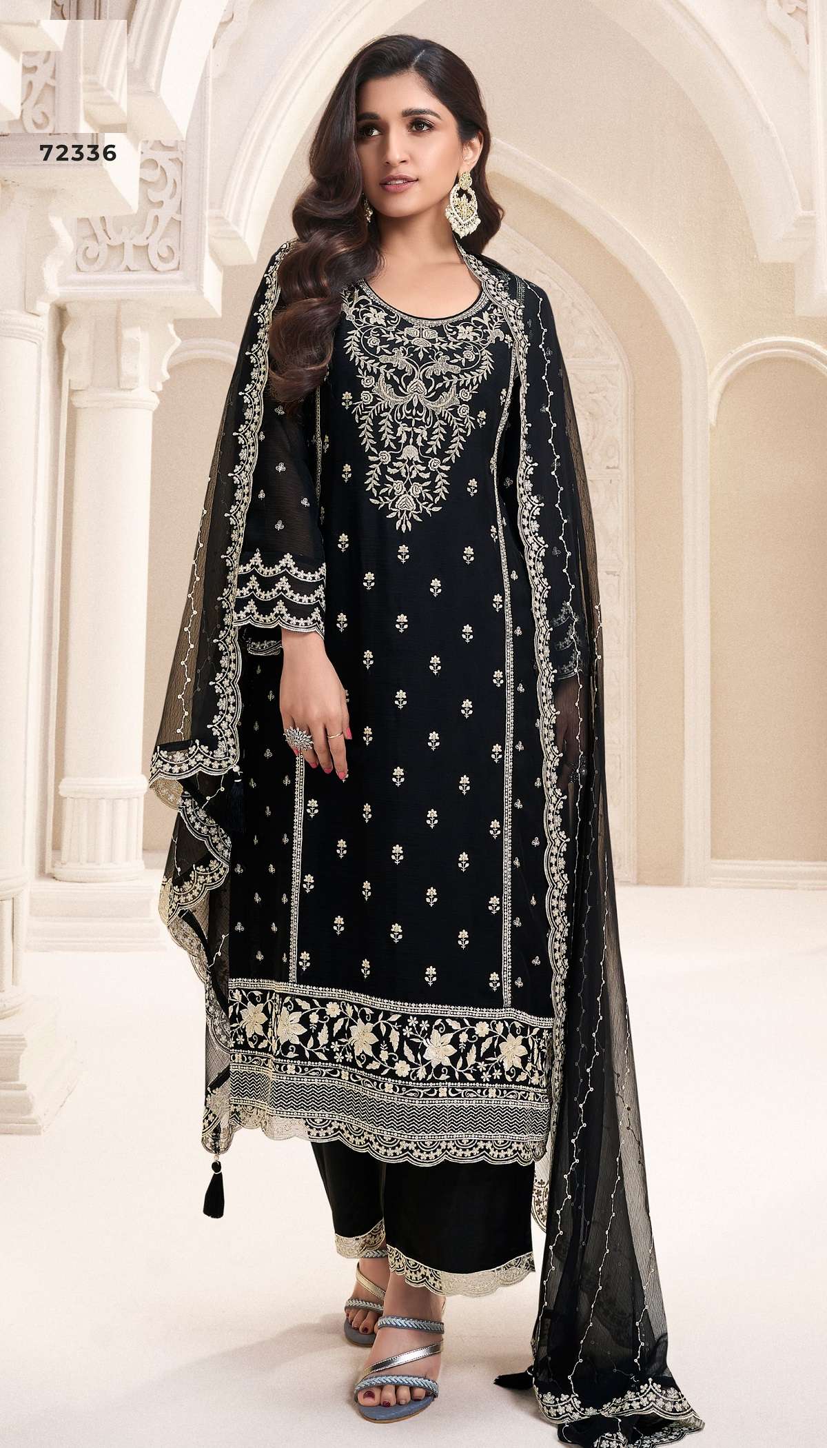 INDIAN PAKISTANI DESIGNER PARTY WEAR BLACK CHINON SILK SALWAR SUIT NEW COLLECTION VKM NAISHA 72336