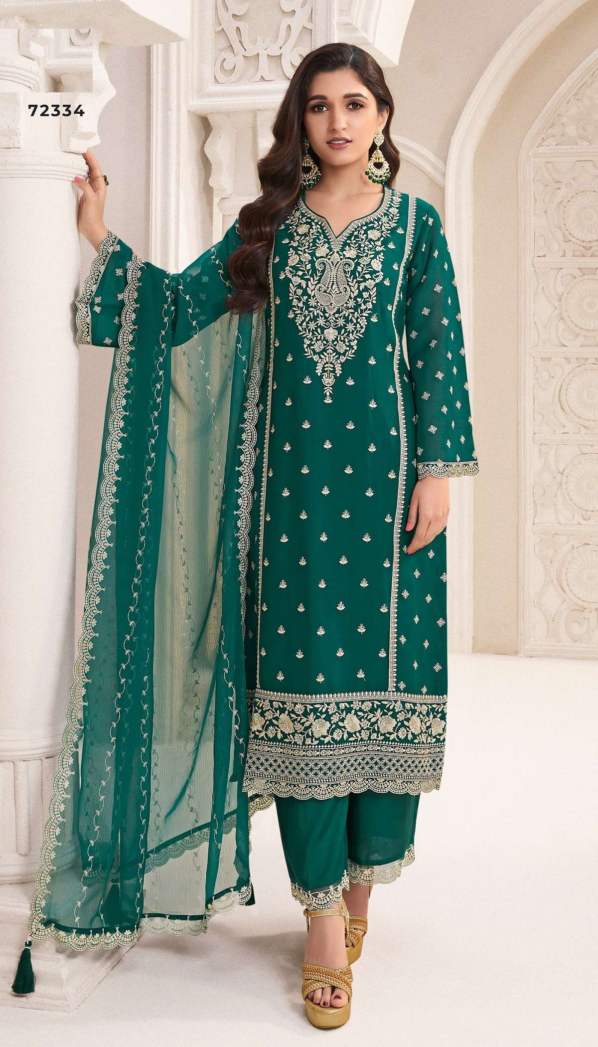 INDIAN PAKISTANI DESIGNER PARTY WEAR GREEN CHINON SILK SALWAR SUIT NEW COLLECTION VKM NAISHA 72334