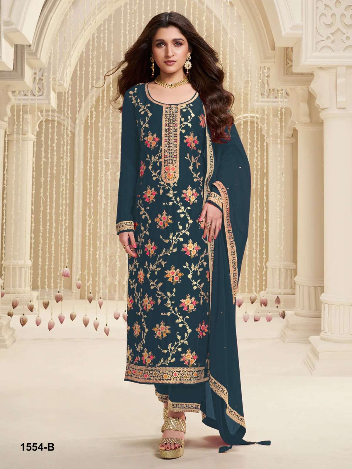 INDIAN PAKISTANI DESIGNER PARTY WEAR JACQUARD SILK TEAL BLUE SALWAR SUIT NEW COLLECTION CPR 1554 B