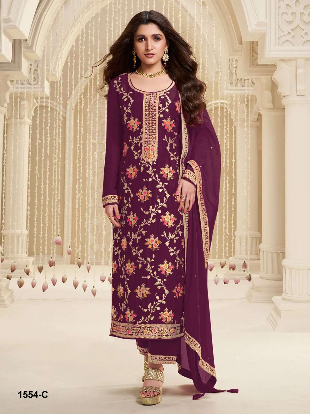 INDIAN PAKISTANI DESIGNER PARTY WEAR JACQUARD SILK WINE SALWAR SUIT NEW COLLECTION CPR 1554 C