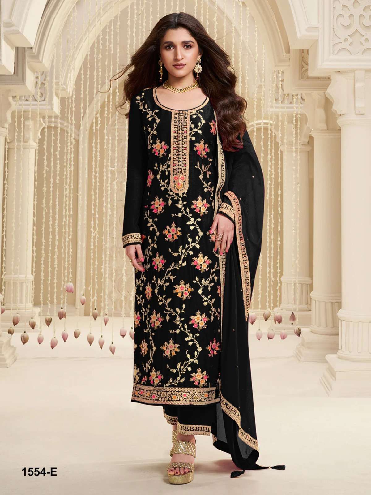 INDIAN PAKISTANI DESIGNER PARTY WEAR JACQUARD SILK BLACK SALWAR SUIT NEW COLLECTION CPR 1554 E