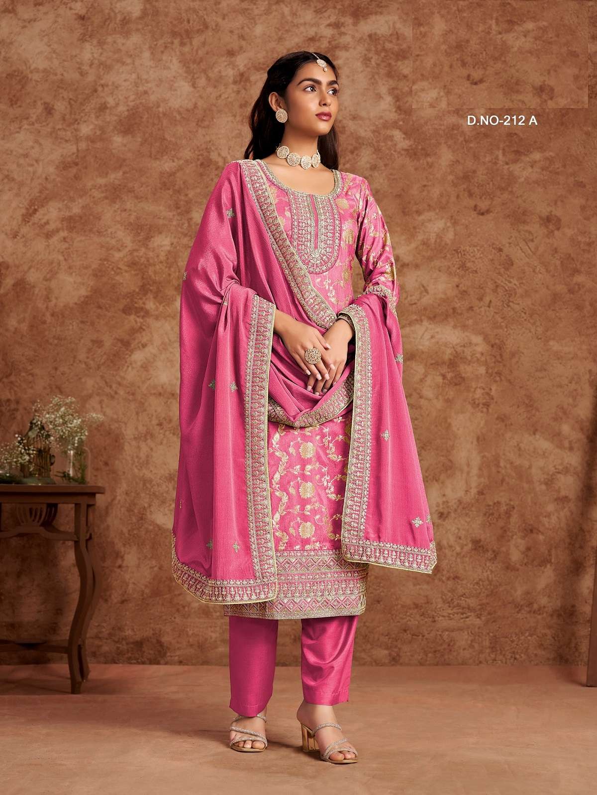 INDIAN PAKISTANI DESIGNER PARTY WEAR JACQUARD SILK PINK SALWAR SUIT NEW COLLECTION ANY 212 A