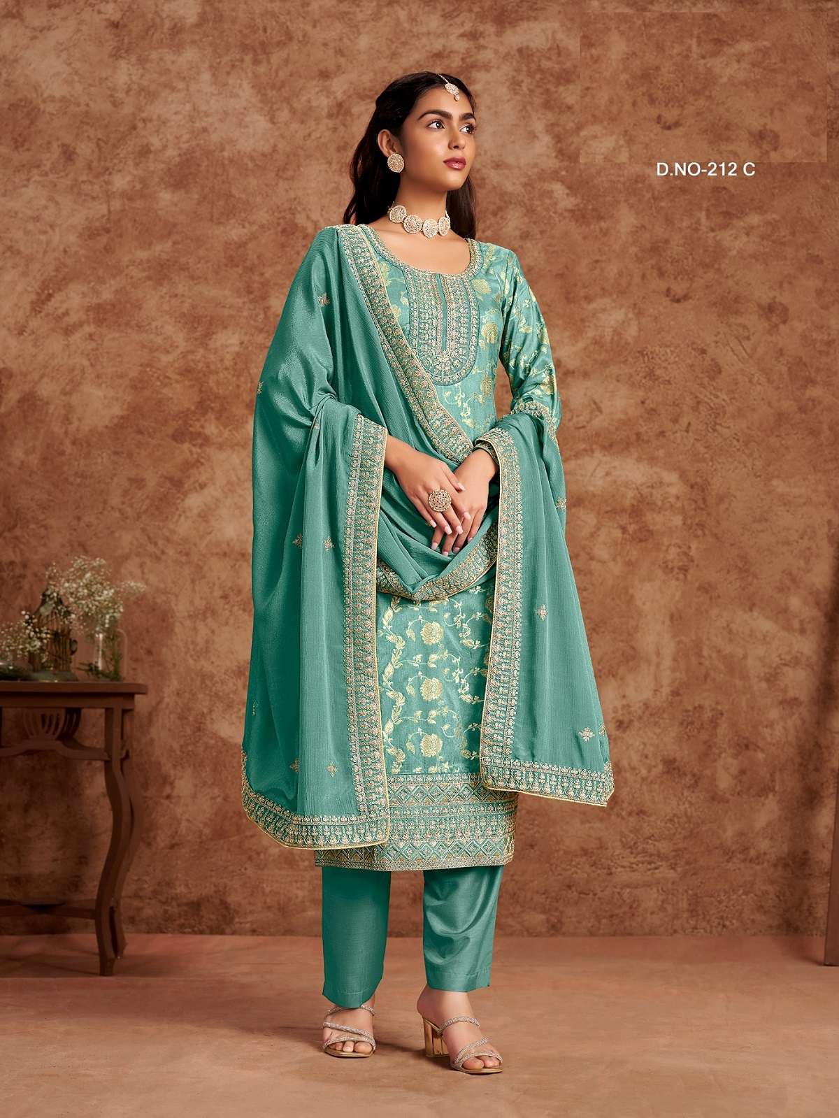 INDIAN PAKISTANI DESIGNER PARTY WEAR JACQUARD SILK TEAL GREEN SALWAR SUIT NEW COLLECTION ANY 212 C