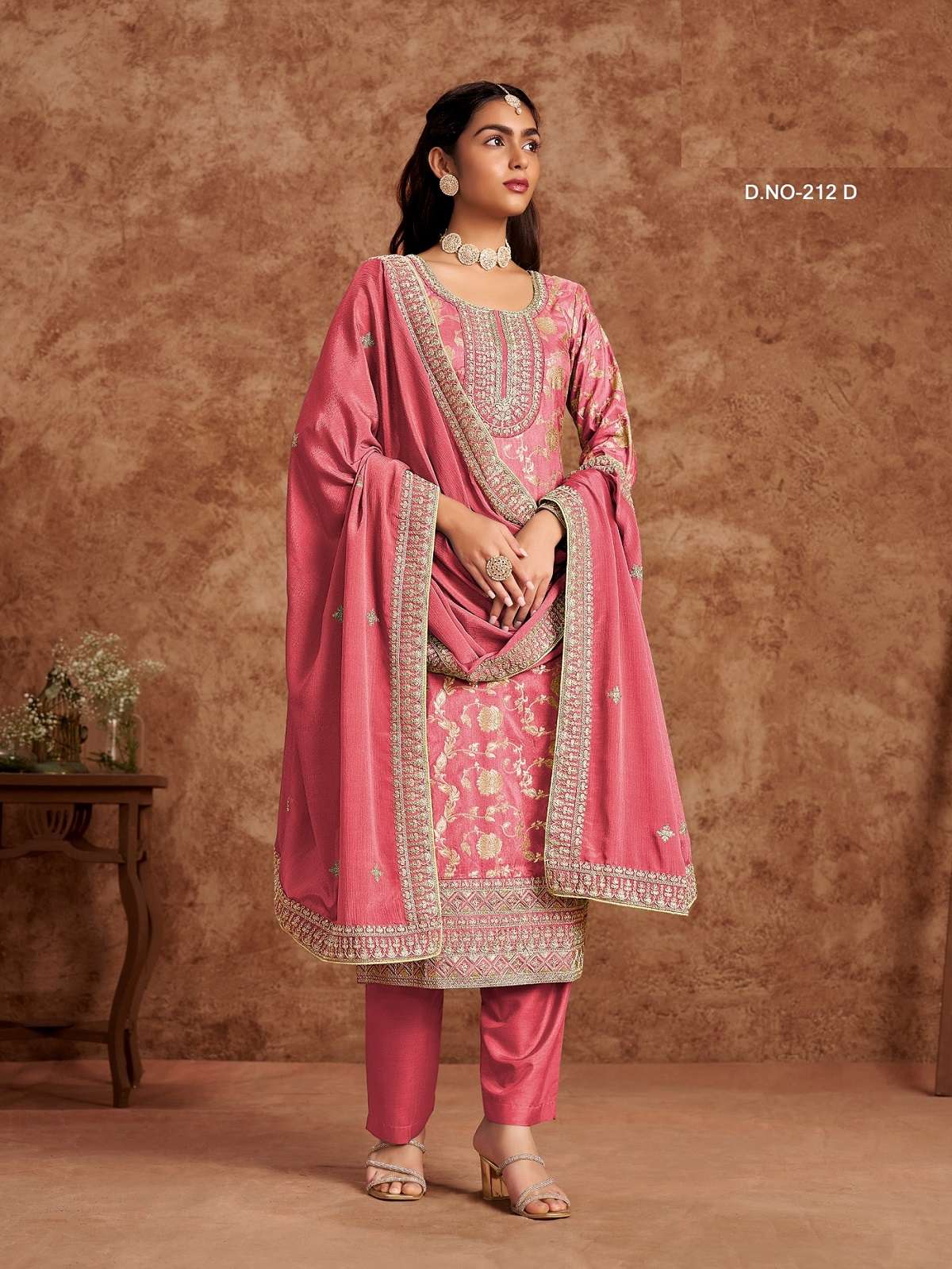 INDIAN PAKISTANI DESIGNER PARTY WEAR JACQUARD SILK PEACH SALWAR SUIT NEW COLLECTION ANY 212 D