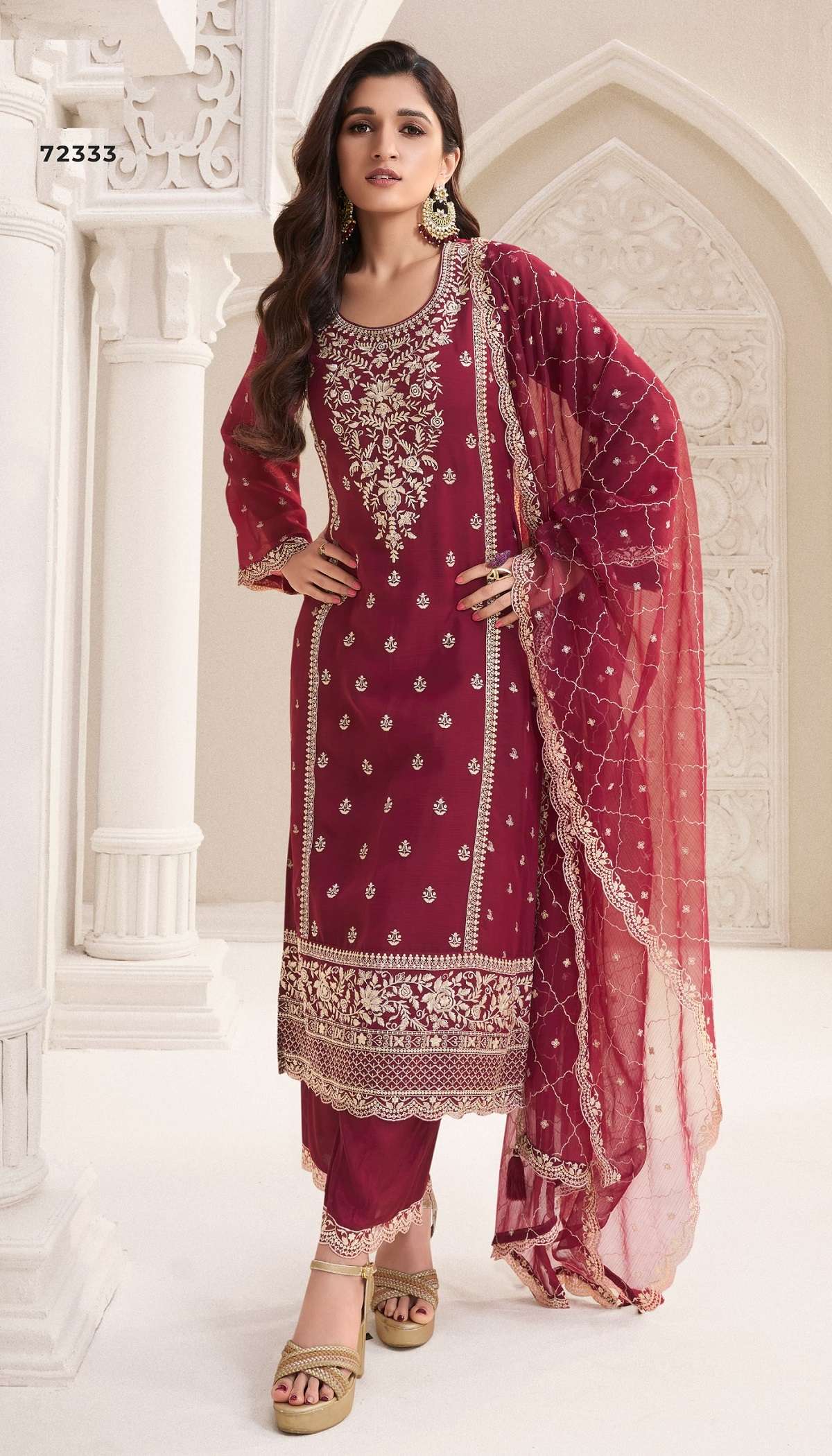 INDIAN PAKISTANI DESIGNER PARTY WEAR RED CHINON SILK SALWAR SUIT NEW COLLECTION VKM NAISHA 72333