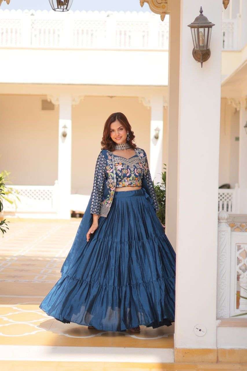 DESIGNER CHINON SILK FABRIC PARTY WEDDING FUNCTION WEAR BLUE LEHENGA DESIGN PC 62 A