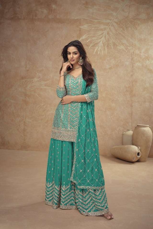 DESIGNER FANCY CHINON BLUE SHARARA PALAZZO SALWAR SUIT NEW COLLECTION PALAK 7518 E