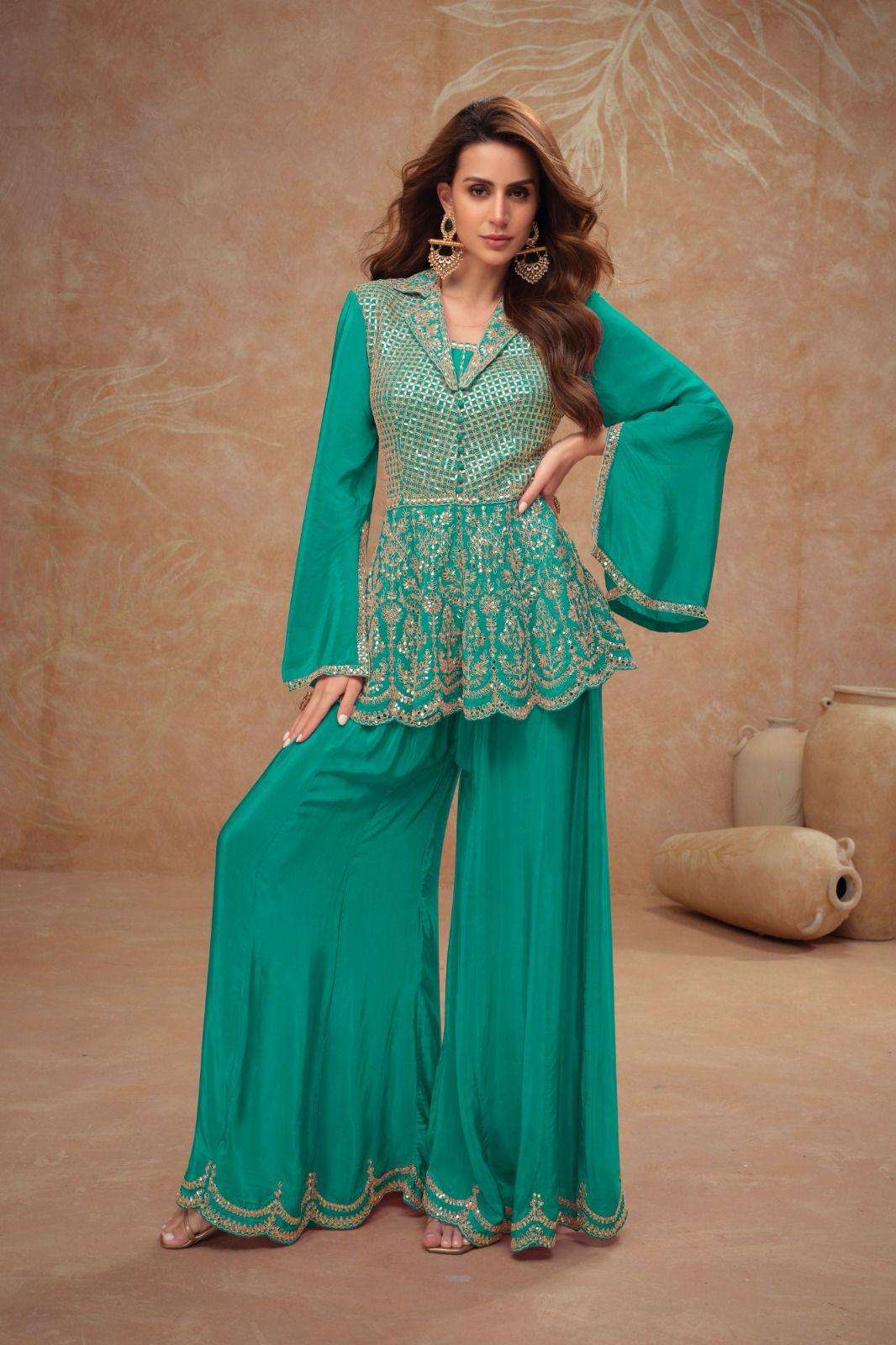 DESIGNER FANCY CHINON BLUE SHARARA PALAZZO SALWAR SUIT NEW COLLECTION GL DILKASH 7528 A