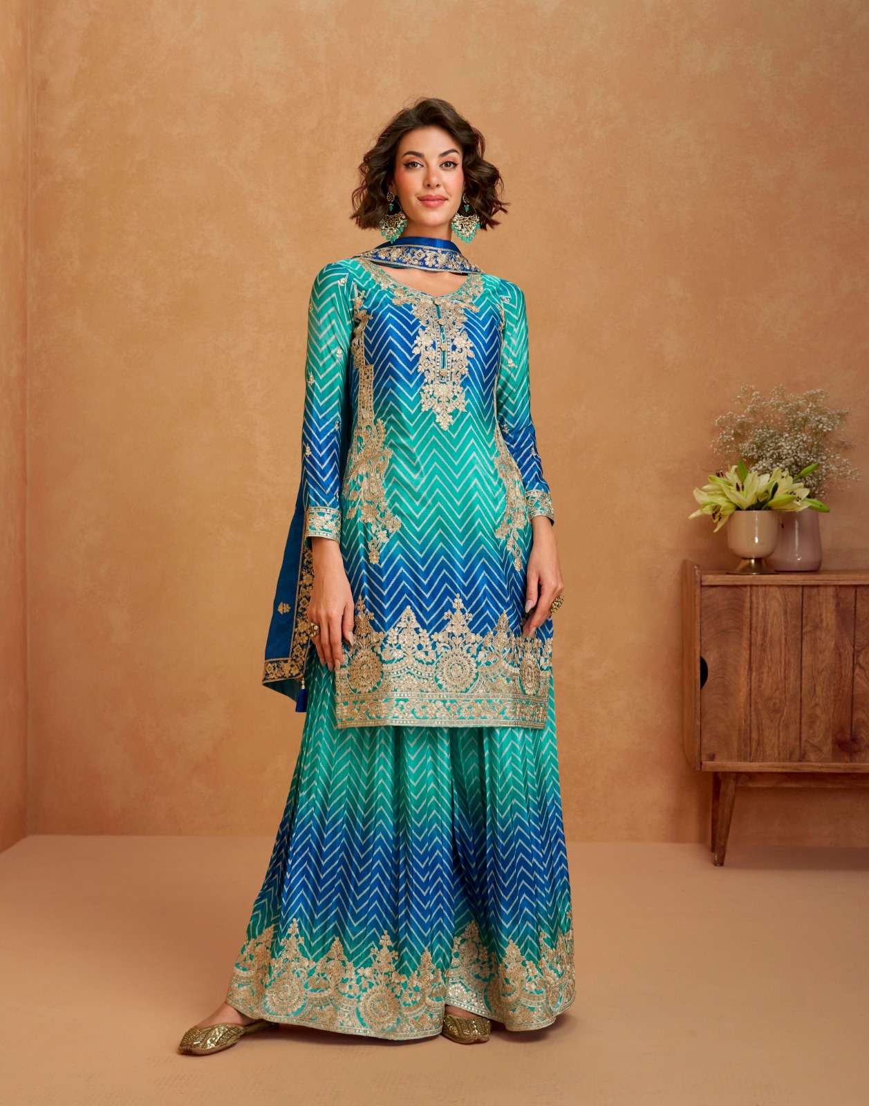 DESIGNER FANCY CHINON BLUE SHARARA PALAZZO SALWAR SUIT NEW COLLECTION AF RAAGA 10280