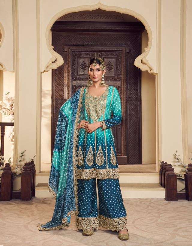 DESIGNER FANCY CHINON BLUE SHARARA PALAZZO SALWAR SUIT NEW COLLECTION DST ZUBEDA 722