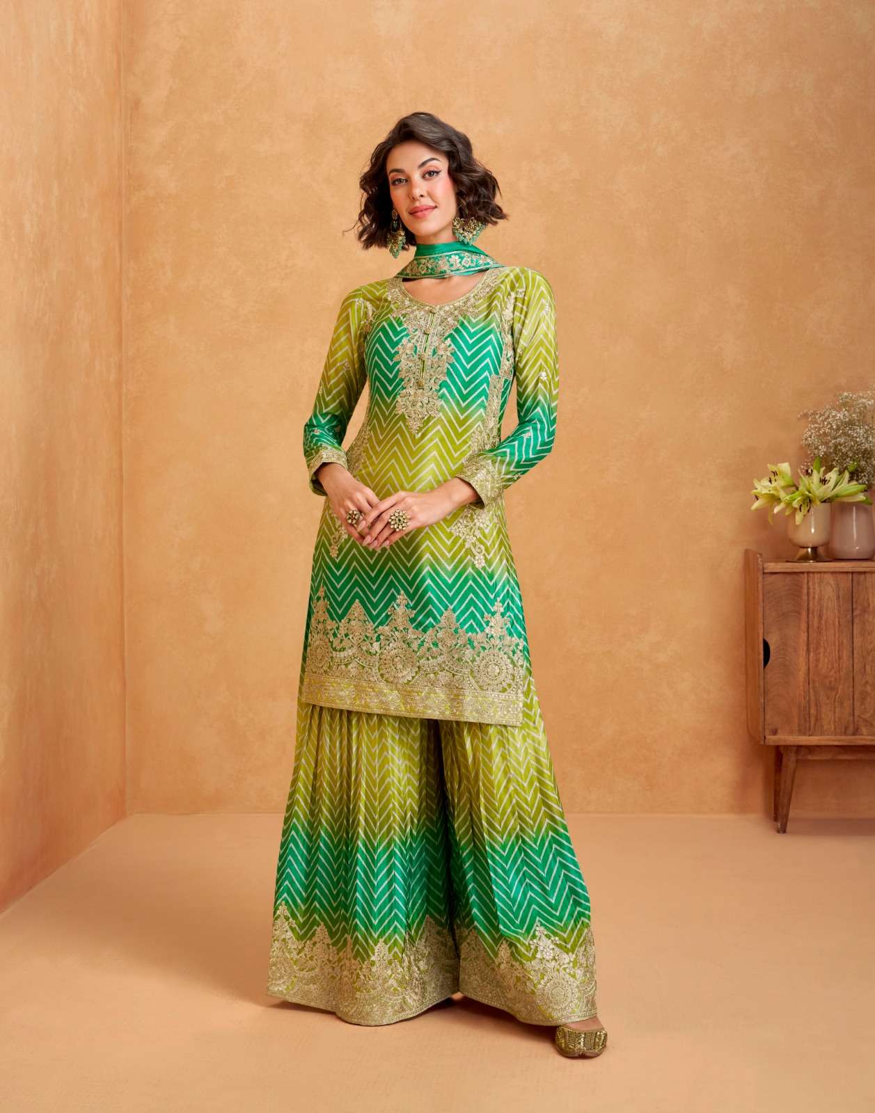 DESIGNER FANCY CHINON GREEN BLUE SHARARA PALAZZO SALWAR SUIT NEW COLLECTION AF RAAGA 10282