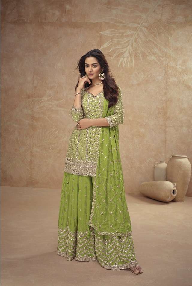 DESIGNER FANCY CHINON GREEN SHARARA PALAZZO SALWAR SUIT NEW COLLECTION PALAK 7518 A