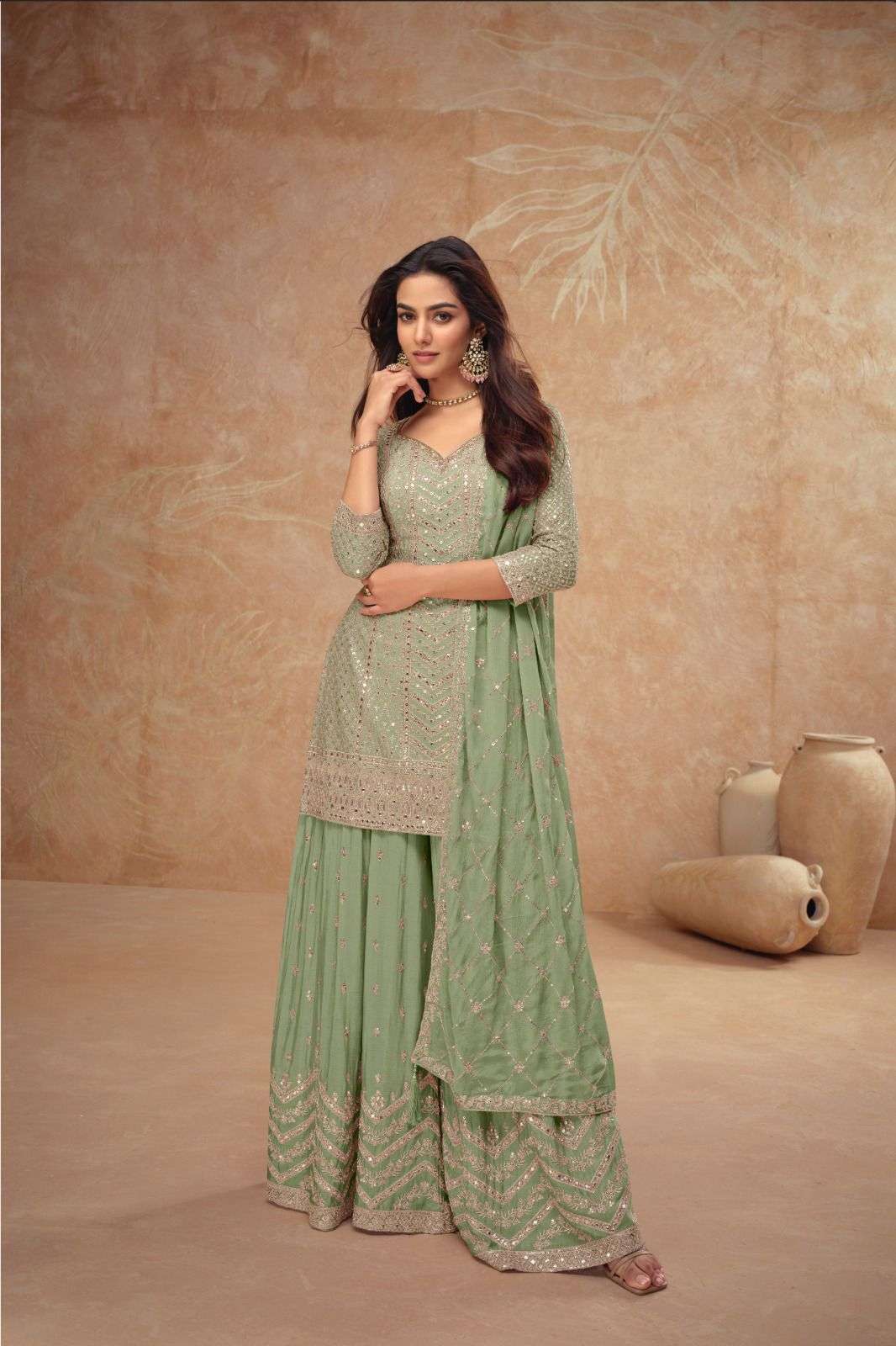 DESIGNER FANCY CHINON GREEN SHARARA PALAZZO SALWAR SUIT NEW COLLECTION PALAK 7518 AA