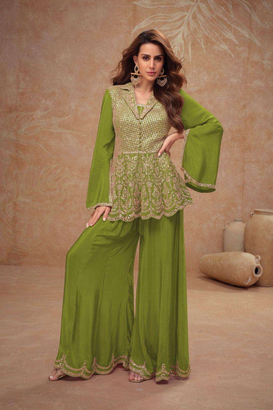 DESIGNER FANCY CHINON GREEN SHARARA PALAZZO SALWAR SUIT NEW COLLECTION GL DILKASH 7528 C