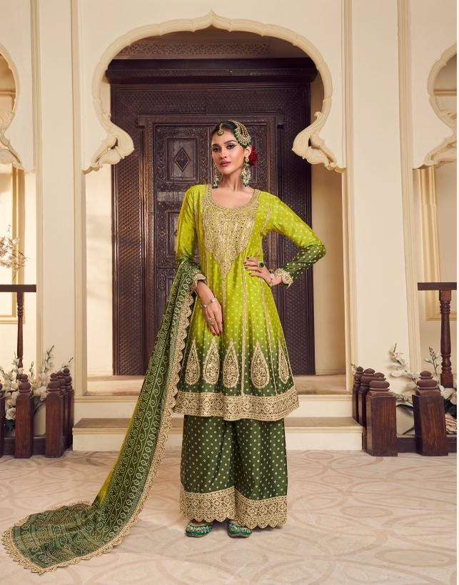 DESIGNER FANCY CHINON GREEN SHARARA PALAZZO SALWAR SUIT NEW COLLECTION DST ZUBEDA 723