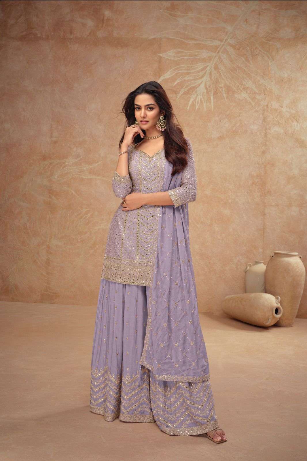 DESIGNER FANCY CHINON LAVENDER SHARARA PALAZZO SALWAR SUIT NEW COLLECTION PALAK 7518 DD