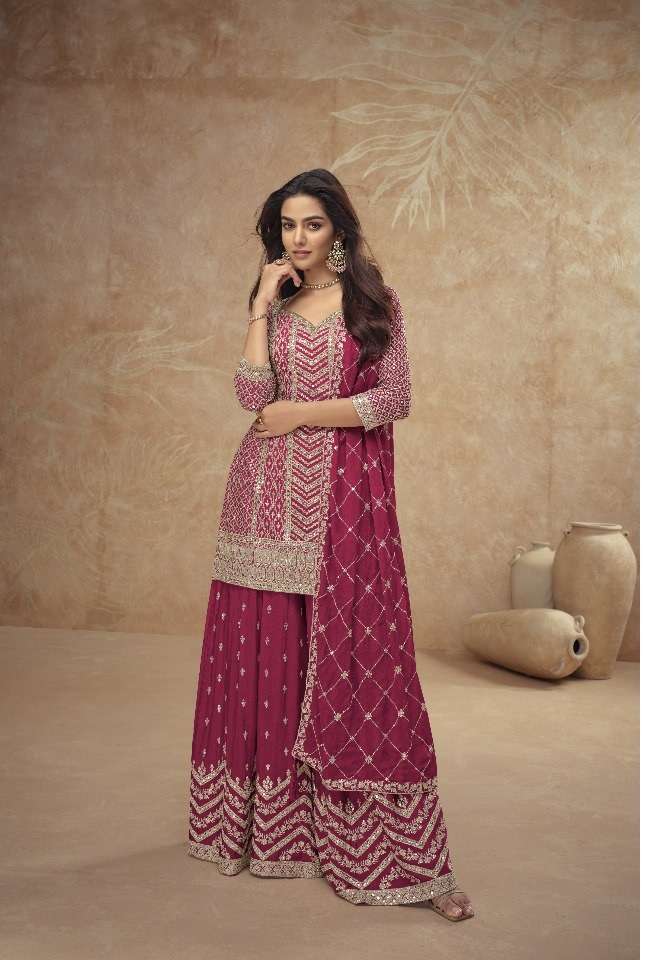 DESIGNER FANCY CHINON MAROON SHARARA PALAZZO SALWAR SUIT NEW COLLECTION PALAK 7518 D