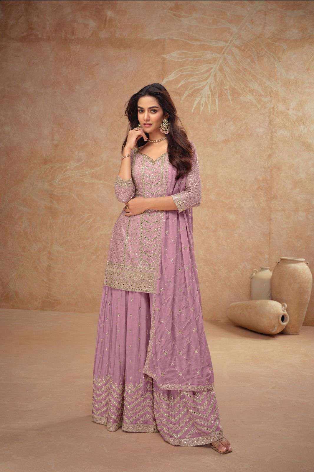 DESIGNER FANCY CHINON PINK SHARARA PALAZZO SALWAR SUIT NEW COLLECTION PALAK 7518 BB