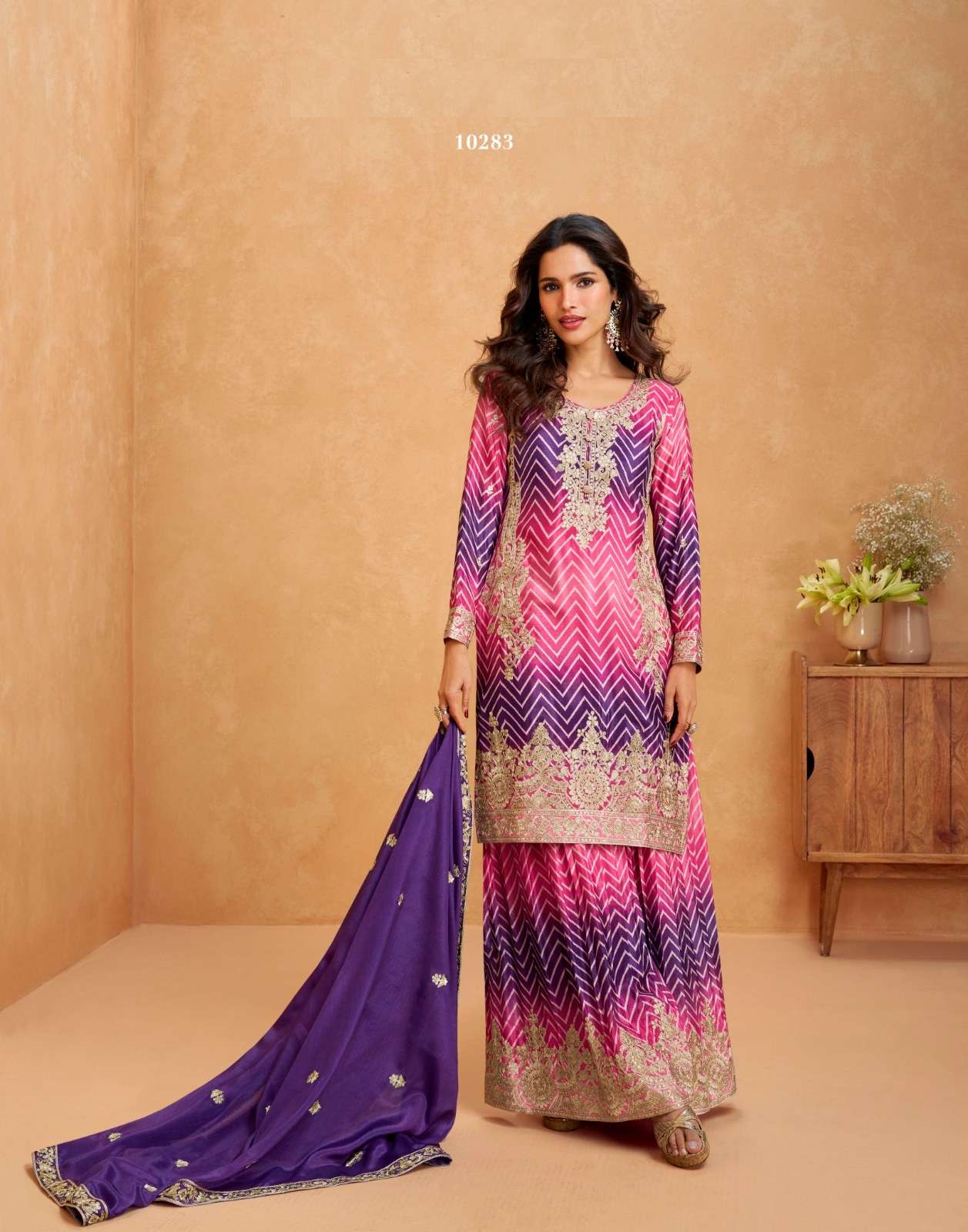 DESIGNER FANCY CHINON PURPLE PINK SHARARA PALAZZO SALWAR SUIT NEW COLLECTION AF RAAGA 10283