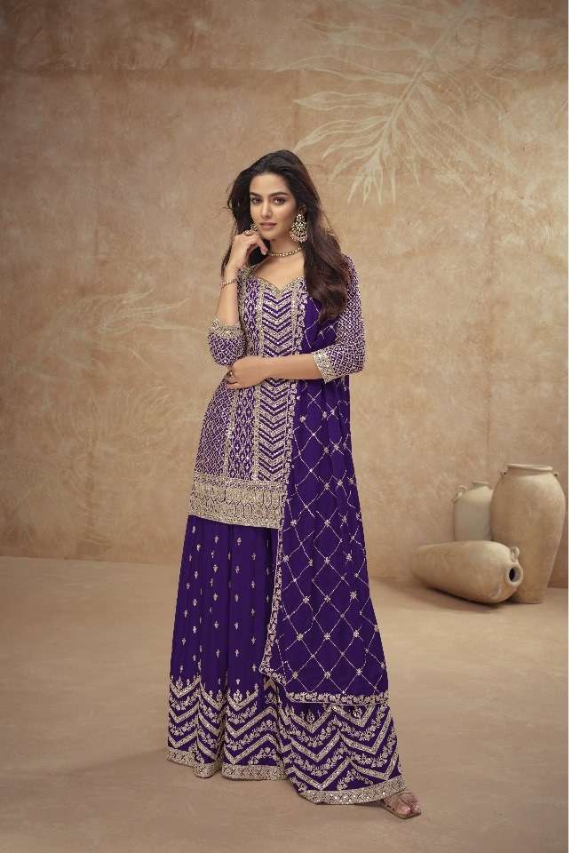 DESIGNER FANCY CHINON PURPLE SHARARA PALAZZO SALWAR SUIT NEW COLLECTION PALAK 7518 B