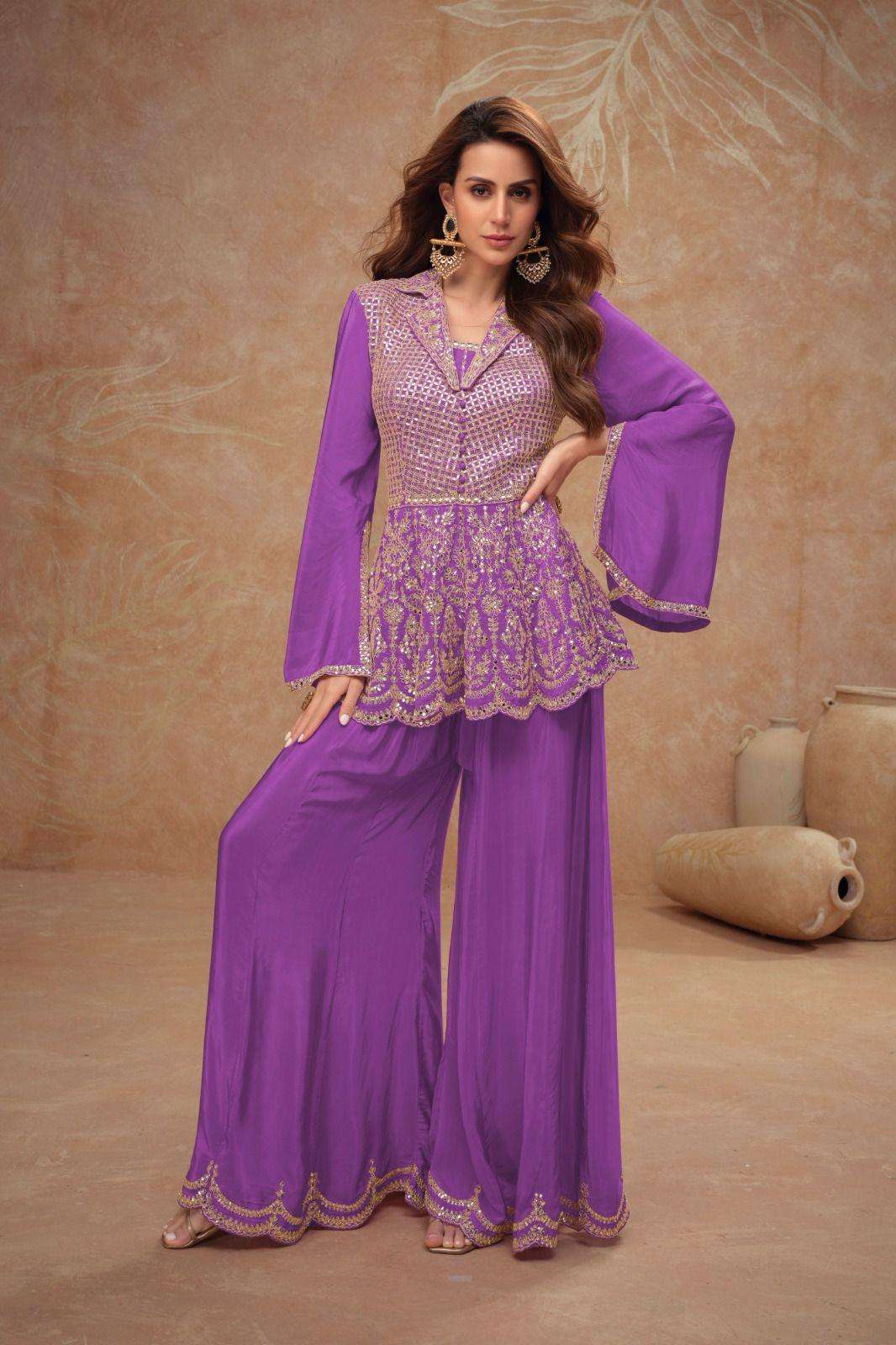 DESIGNER FANCY CHINON PURPLE SHARARA PALAZZO SALWAR SUIT NEW COLLECTION GL DILKASH 7528 D