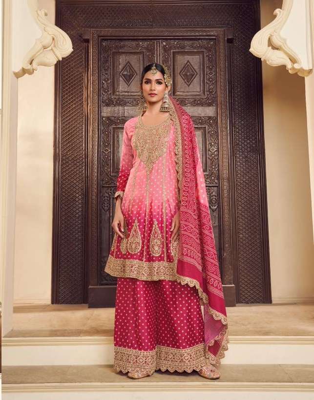 DESIGNER FANCY CHINON RED PINK SHARARA PALAZZO SALWAR SUIT NEW COLLECTION DST ZUBEDA 724