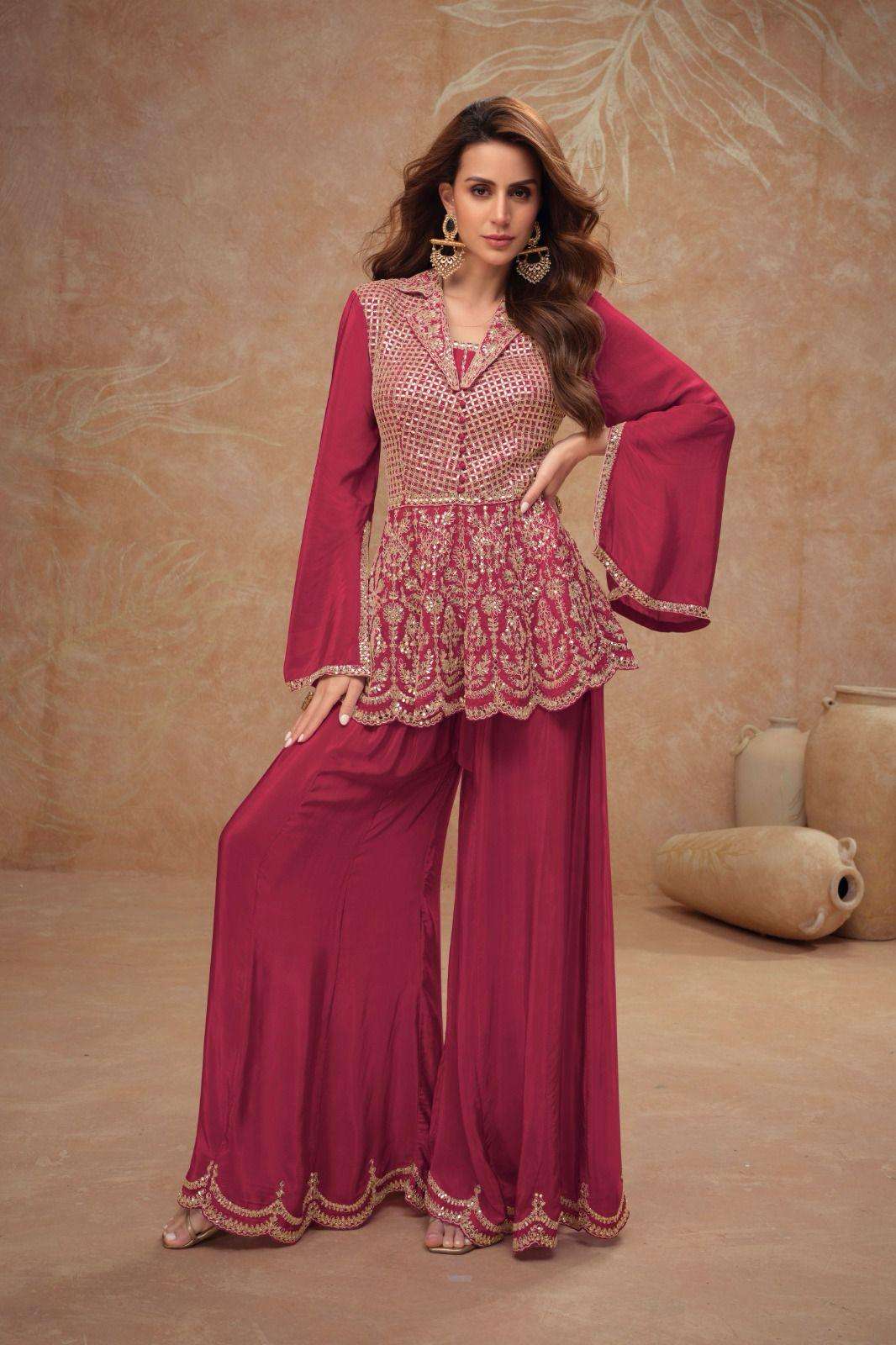 DESIGNER FANCY CHINON RED SHARARA PALAZZO SALWAR SUIT NEW COLLECTION GL DILKASH 7528 B