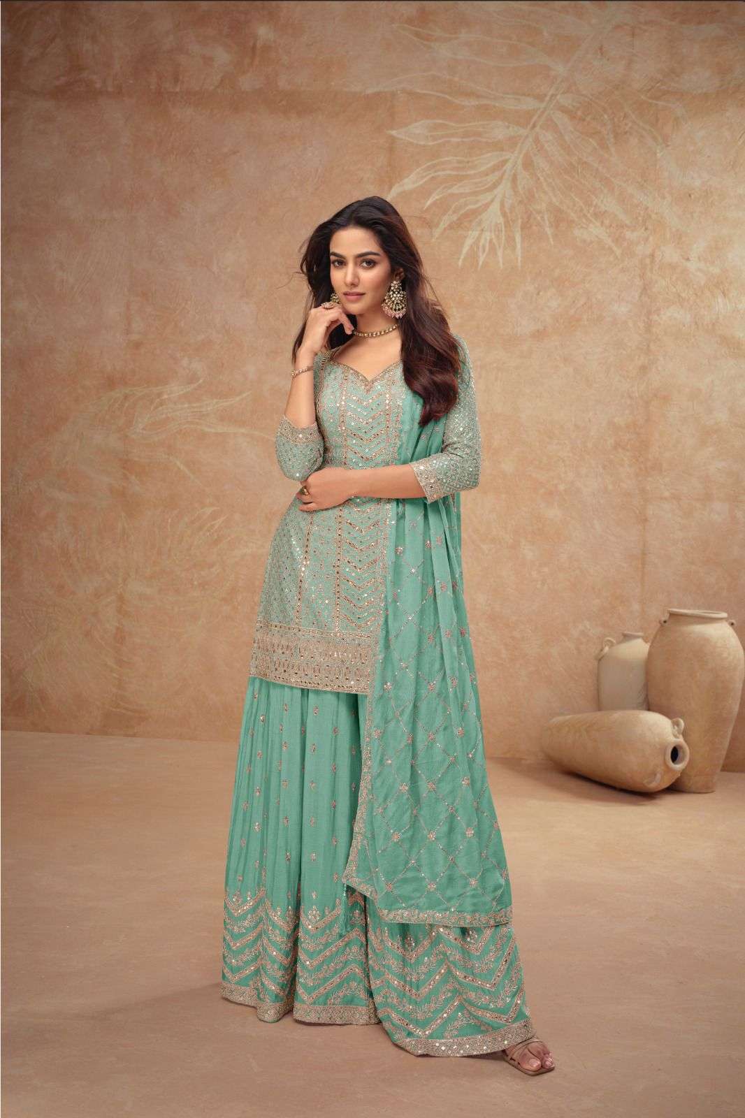 DESIGNER FANCY CHINON SKY BLUE SHARARA PALAZZO SALWAR SUIT NEW COLLECTION PALAK 7518 CC