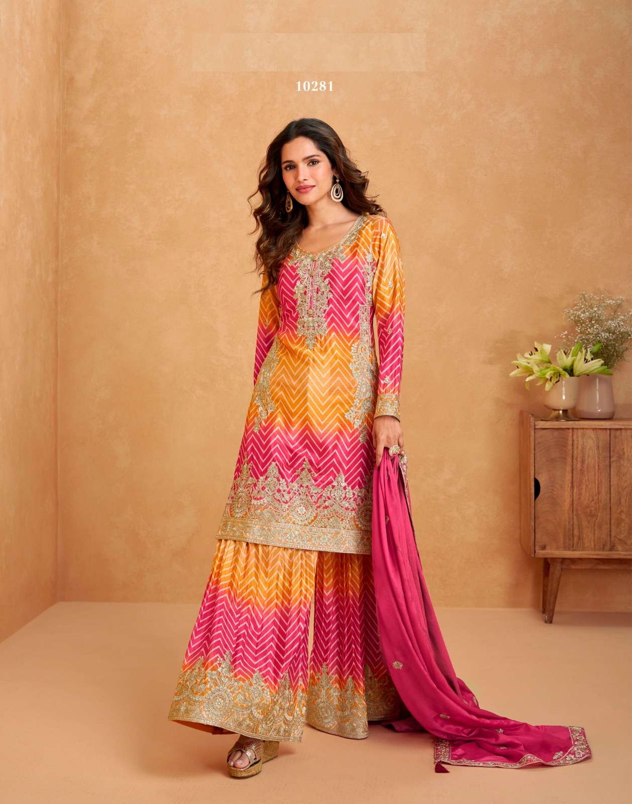 DESIGNER FANCY CHINON YELLOW PINK SHARARA PALAZZO SALWAR SUIT NEW COLLECTION AF RAAGA 10281