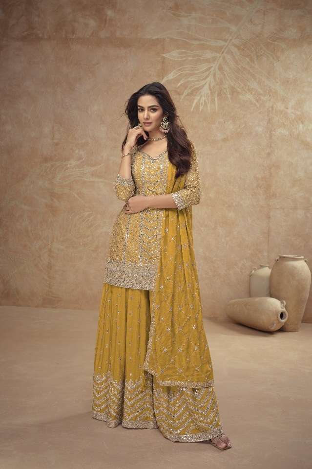 DESIGNER FANCY CHINON YELLOW SHARARA PALAZZO SALWAR SUIT NEW COLLECTION PALAK 7518 C